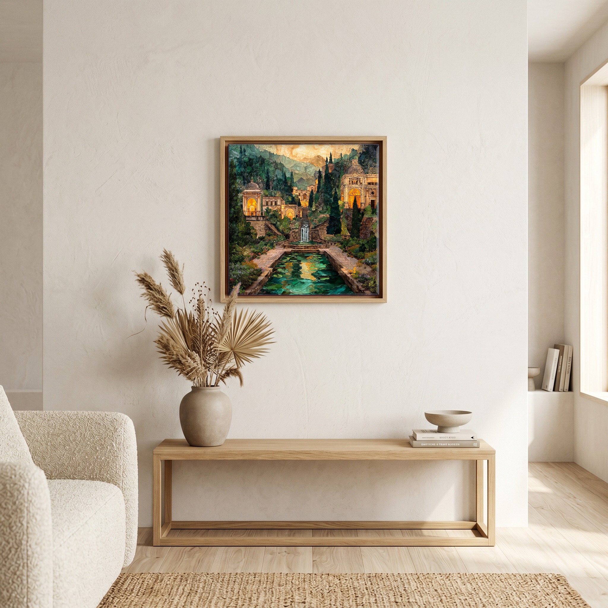 Above the bench, in a warm oak surround.