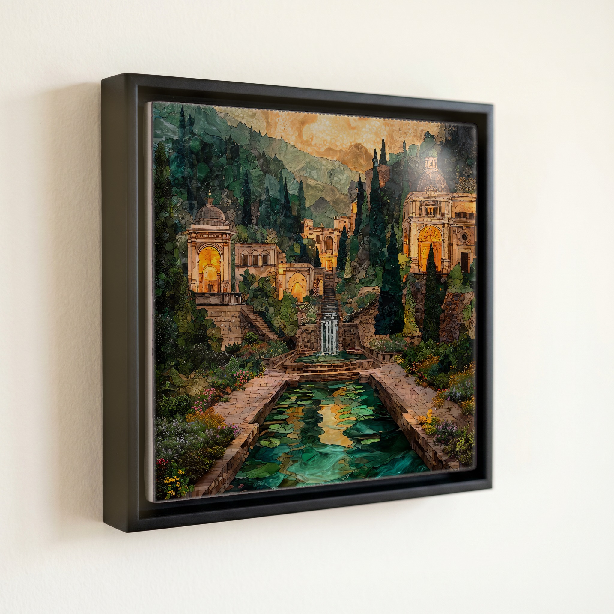 shown in a slim black floating frame · 6 × 6 in