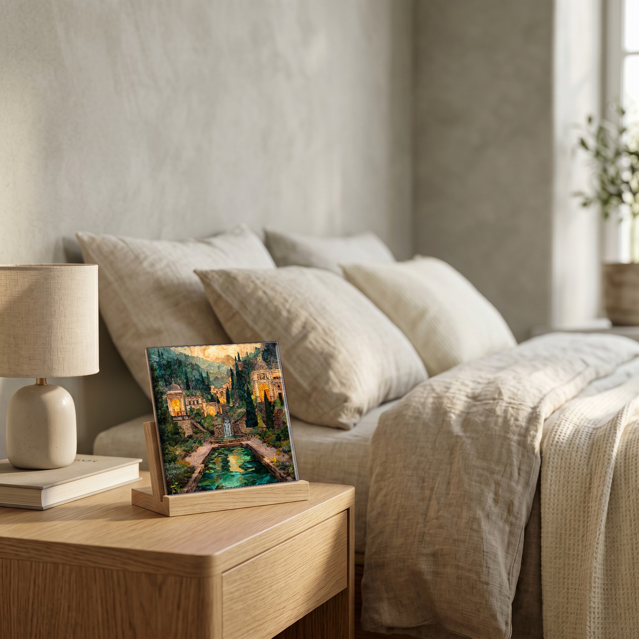 On the nightstand, on a light oak stand.
