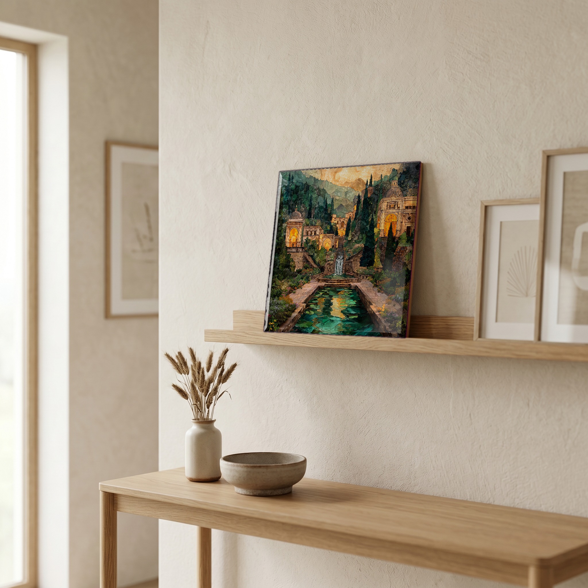 On a picture ledge, where the light comes in.