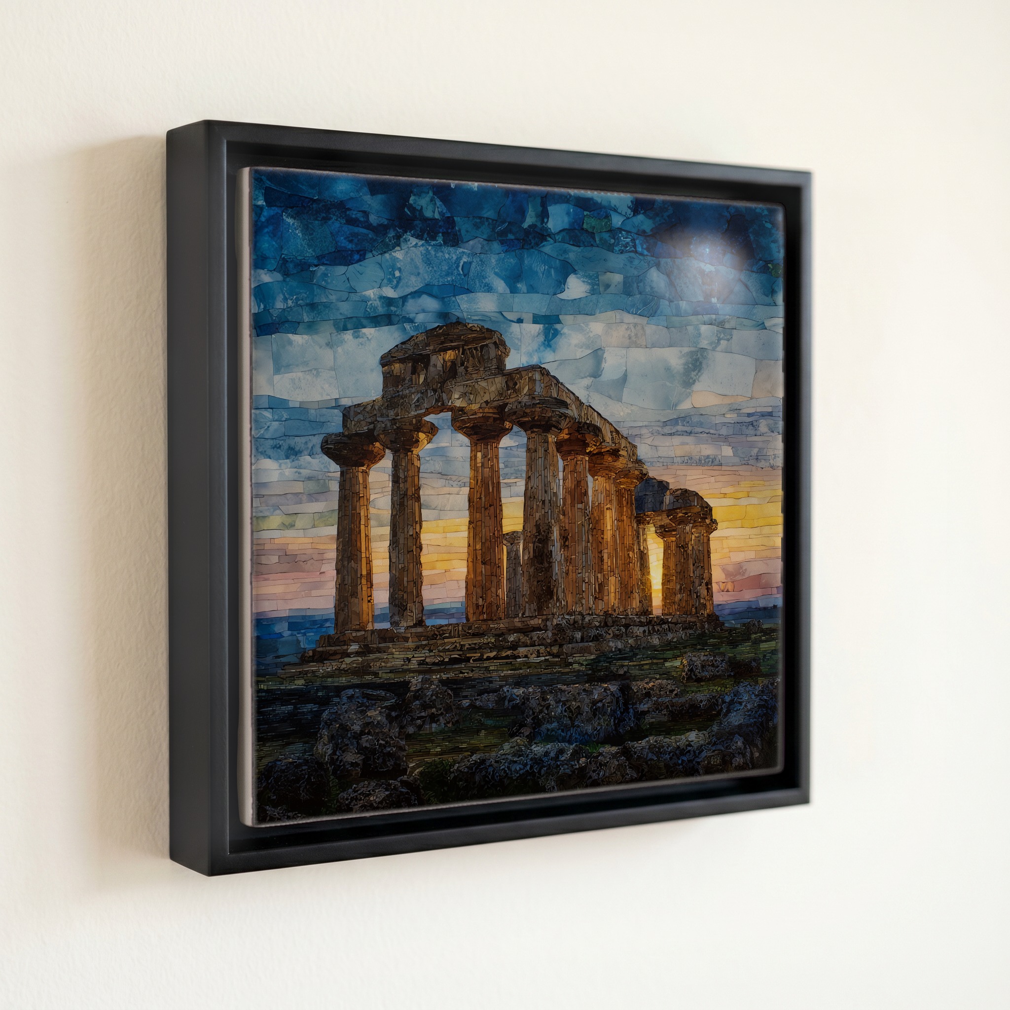 shown in a slim black floating frame · 6 × 6 in