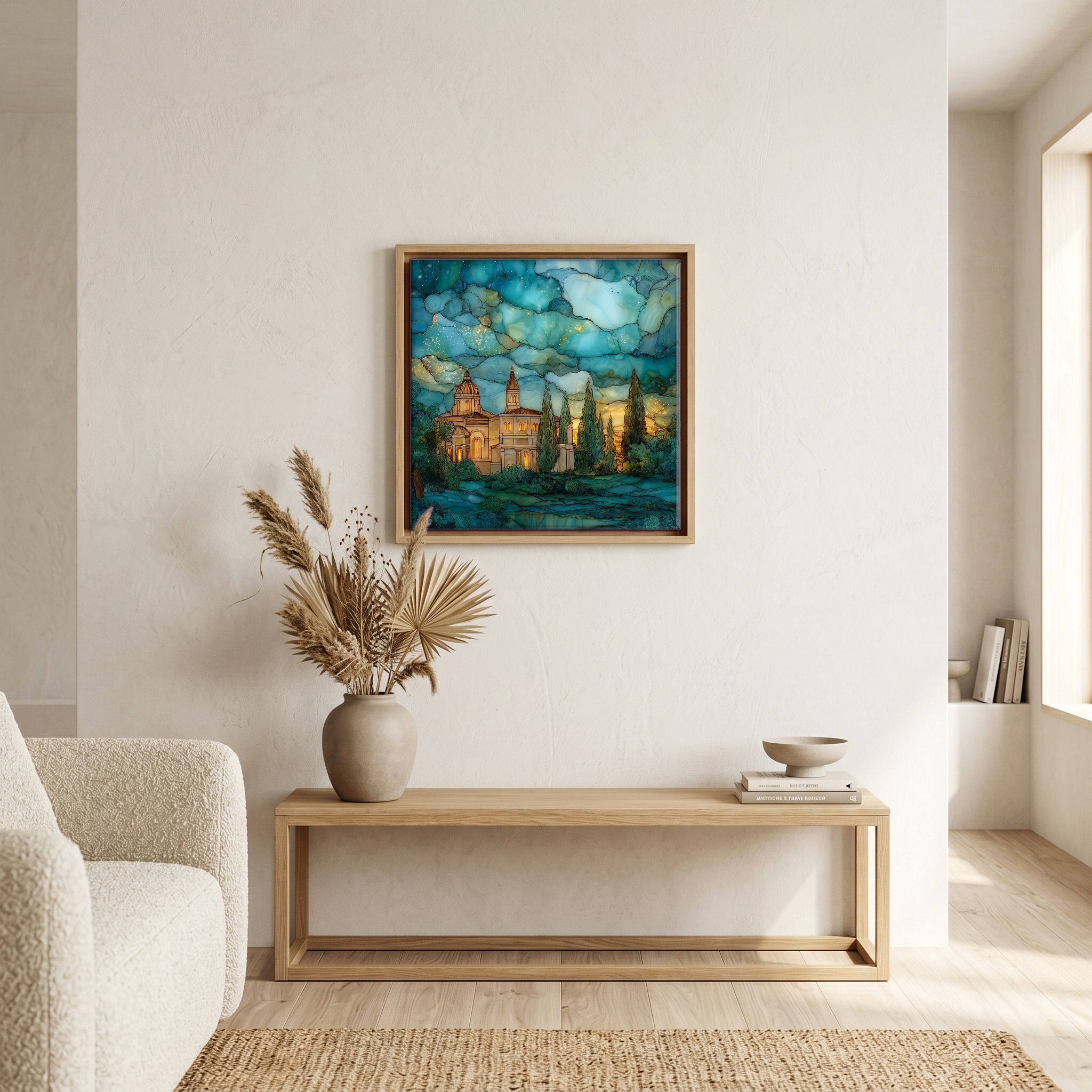 Above the bench, in a warm oak surround.