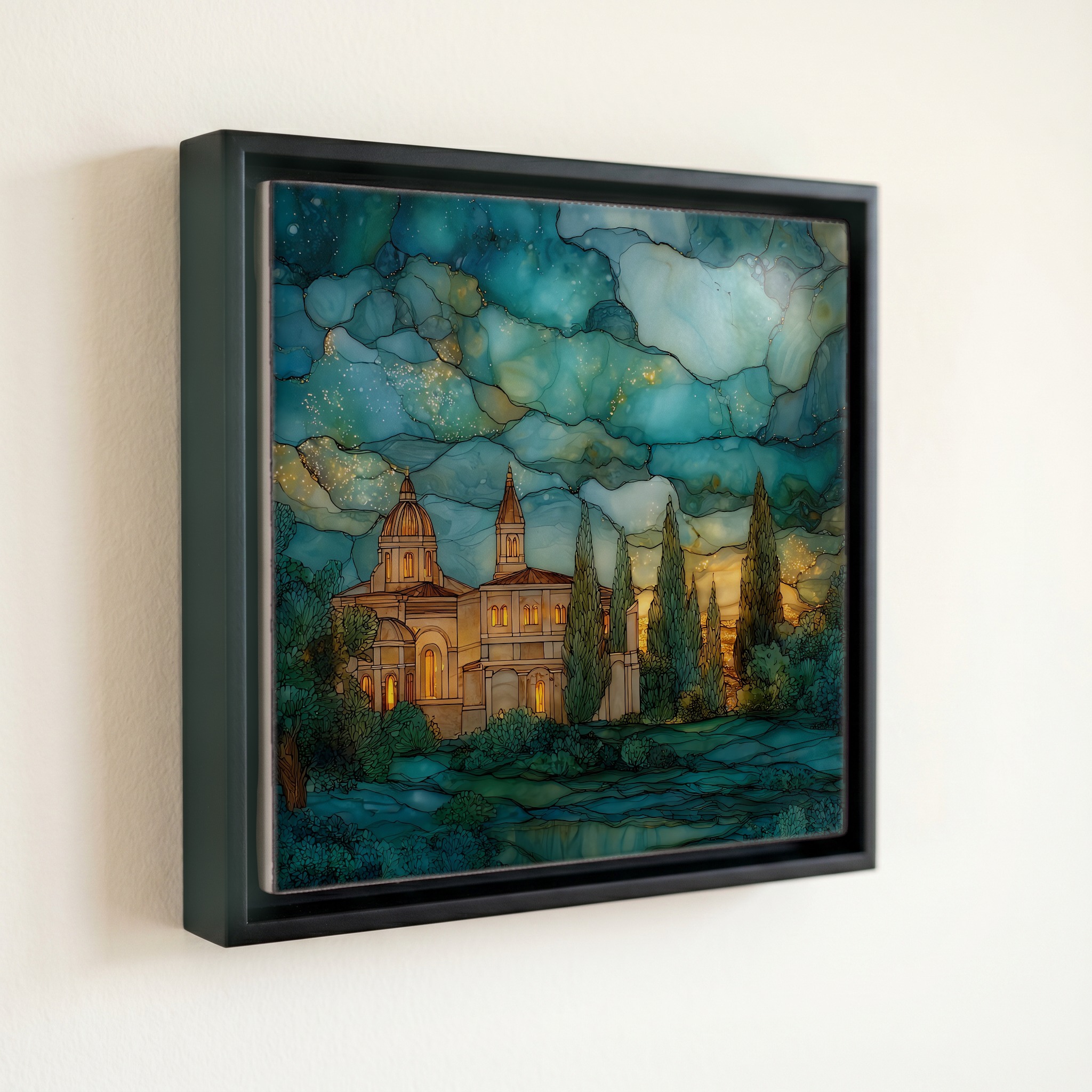 shown in a slim black floating frame · 6 × 6 in