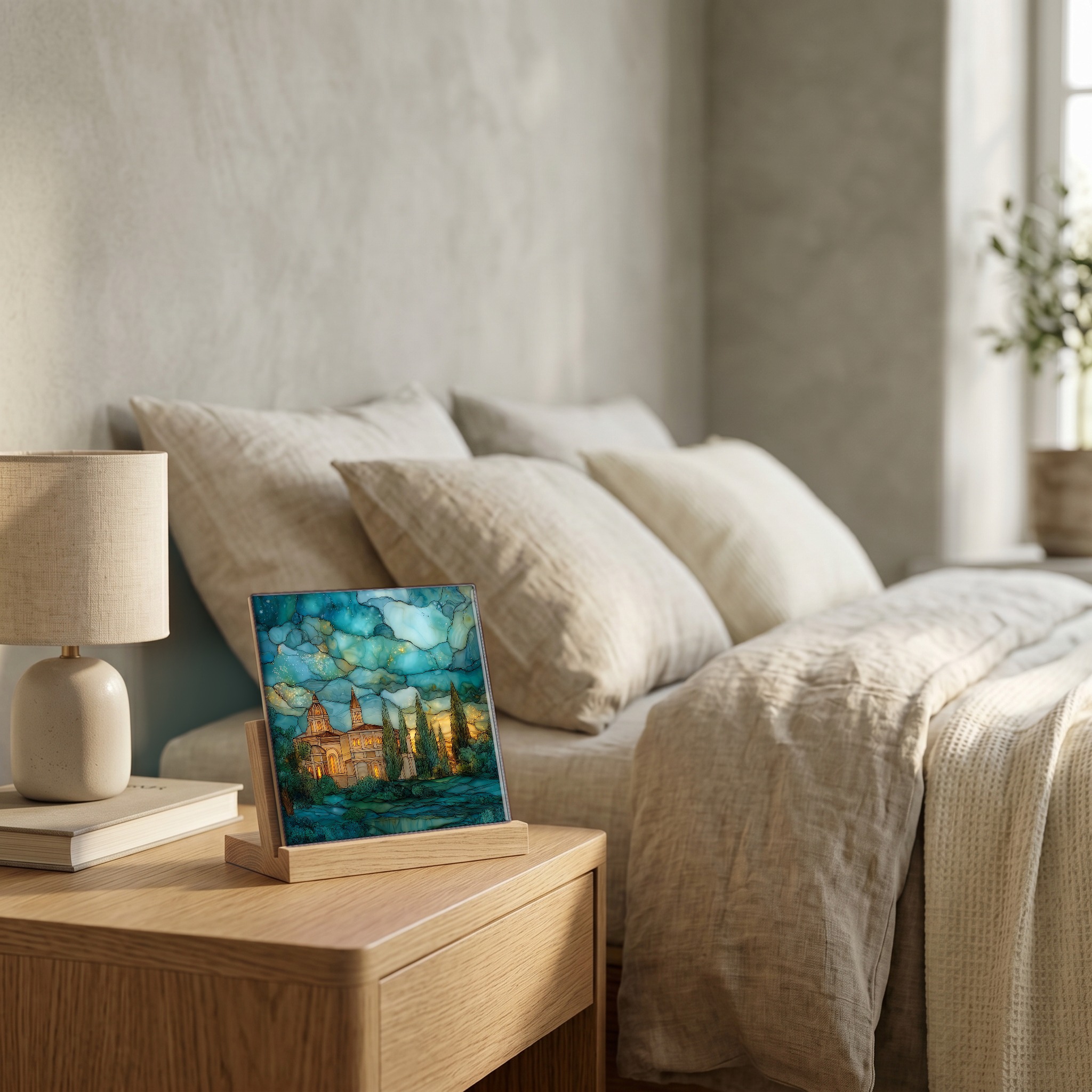 On the nightstand, on a light oak stand.