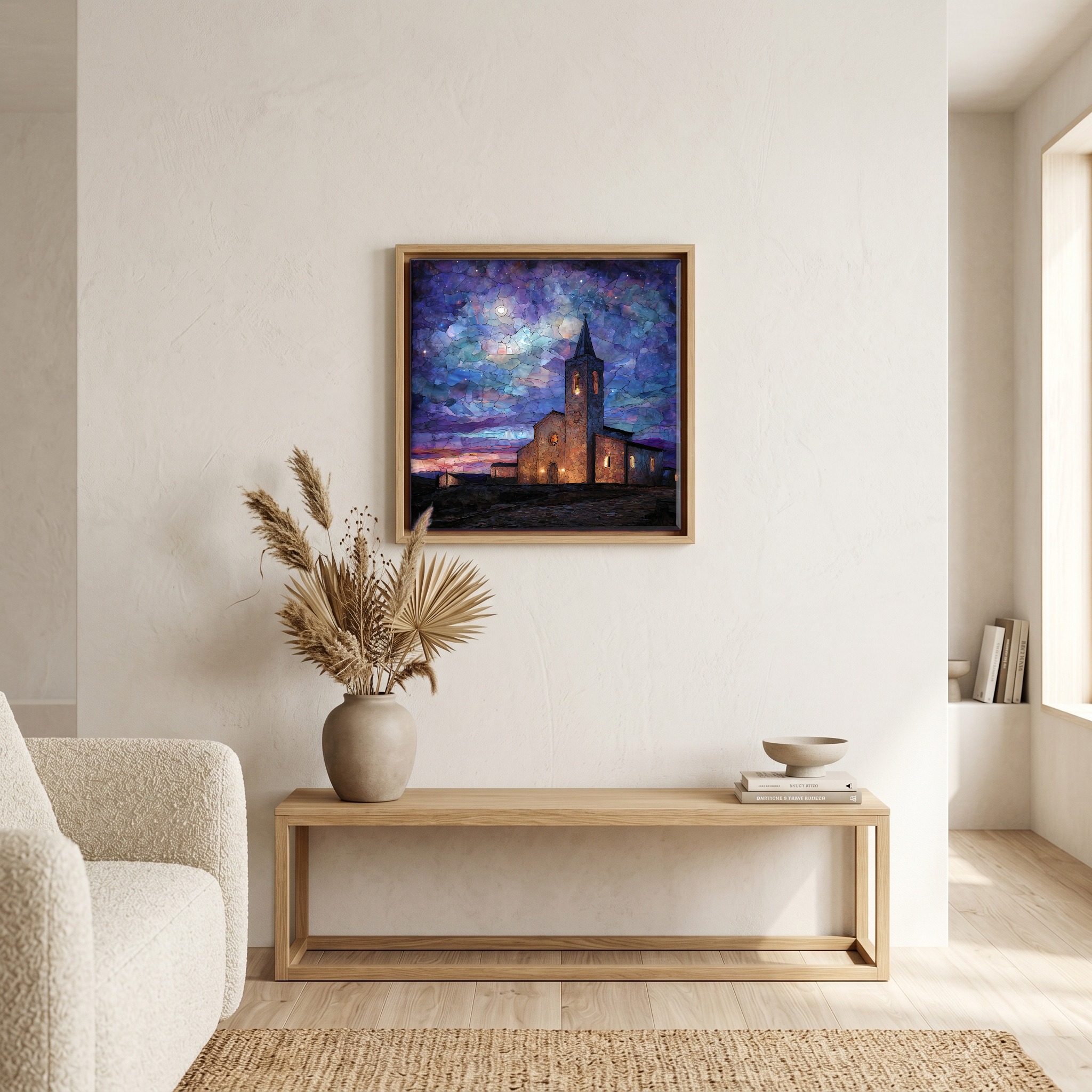 Above the bench, in a warm oak surround.