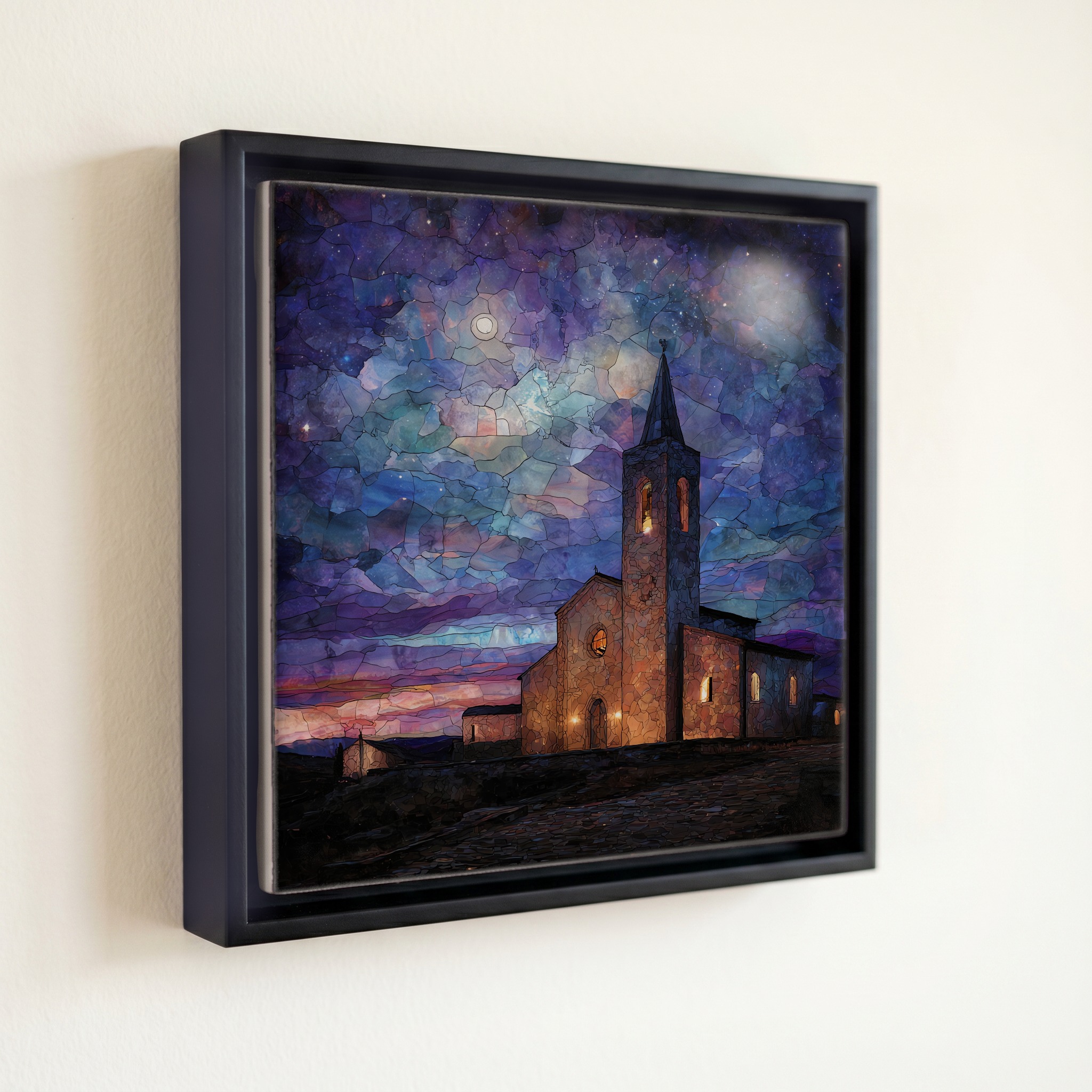 shown in a slim black floating frame · 6 × 6 in