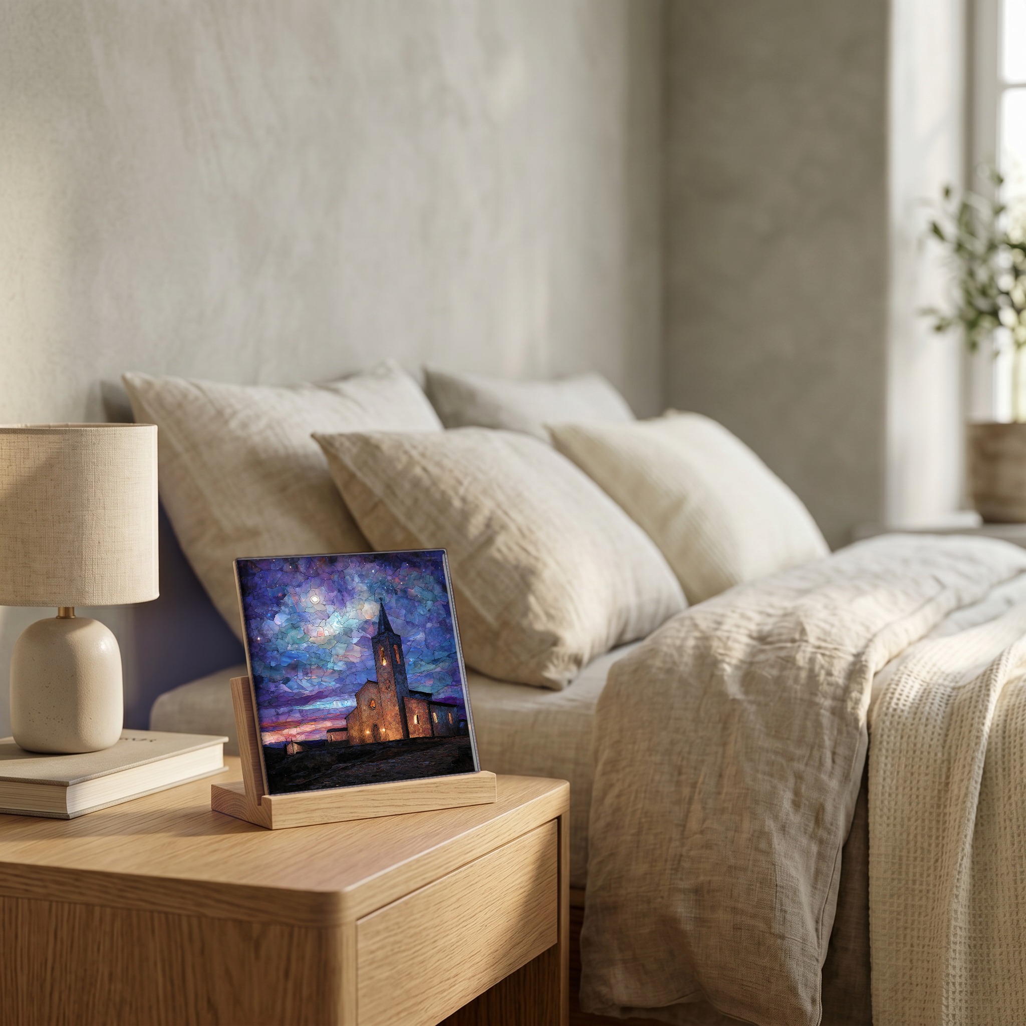 On the nightstand, on a light oak stand.