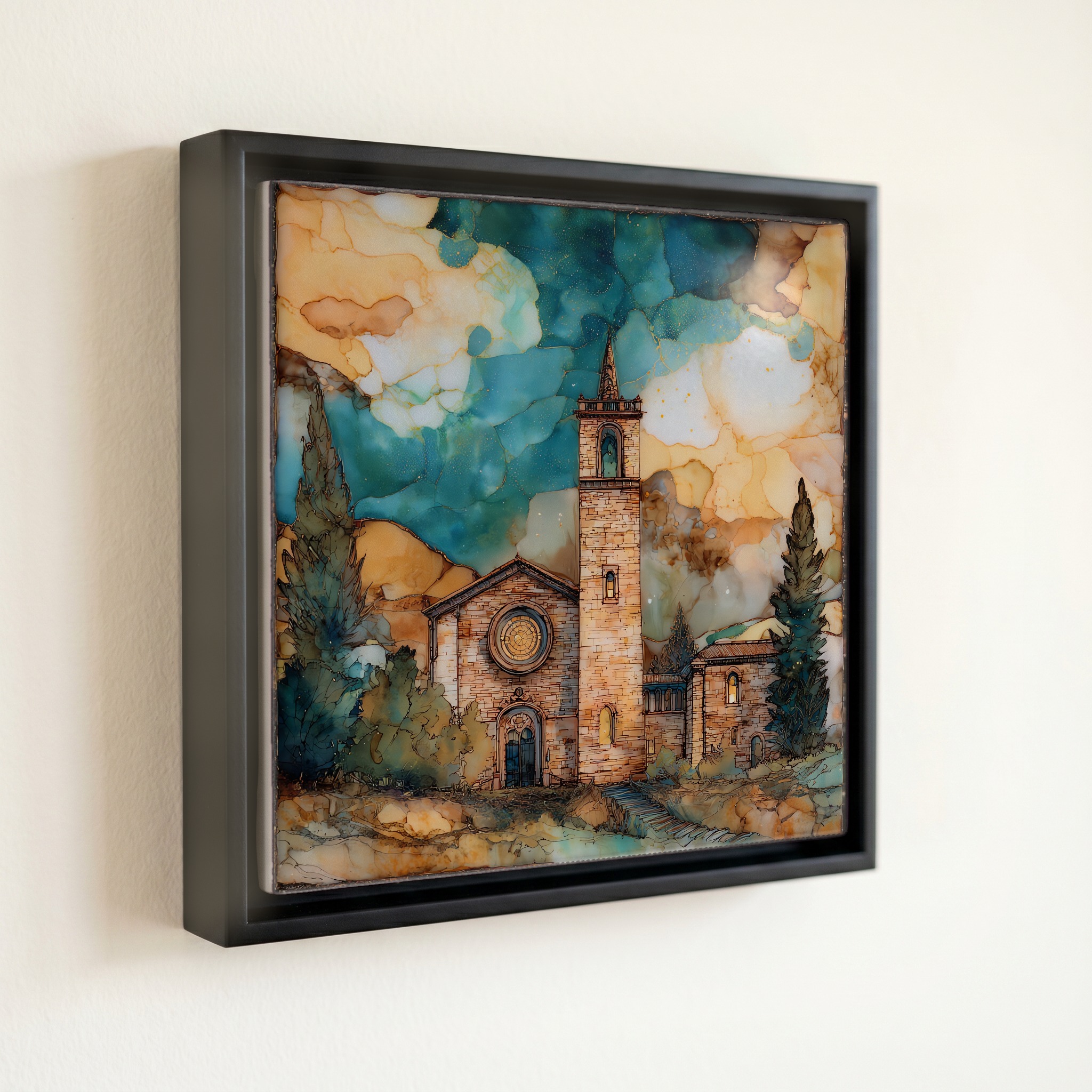 shown in a slim black floating frame · 6 × 6 in