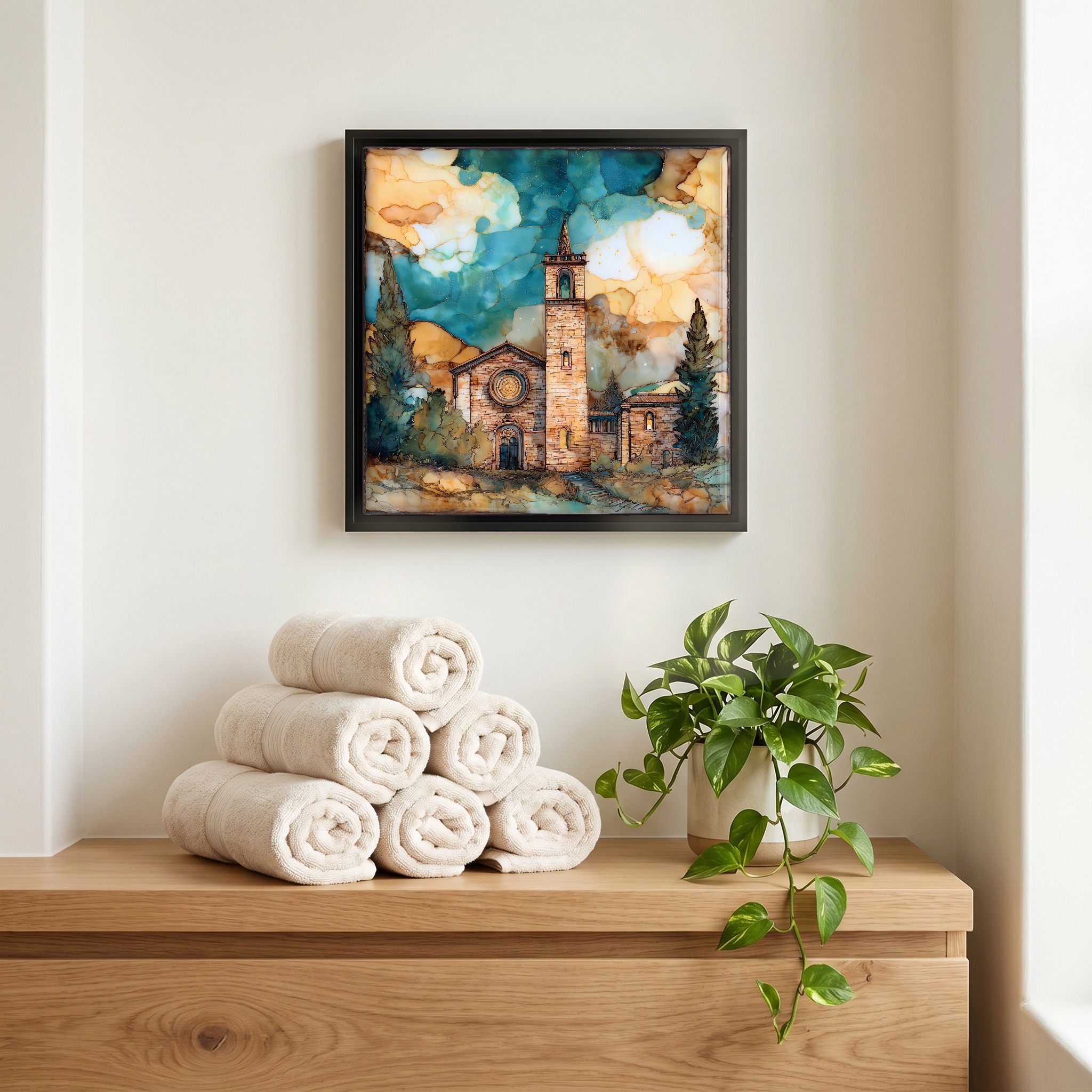 Above the linens, in a slim black surround.