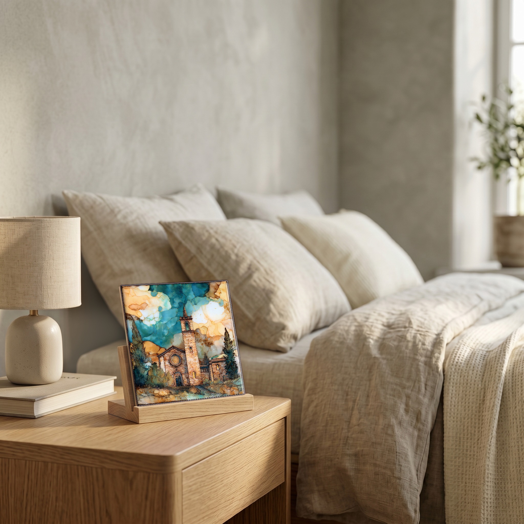 On the nightstand, on a light oak stand.