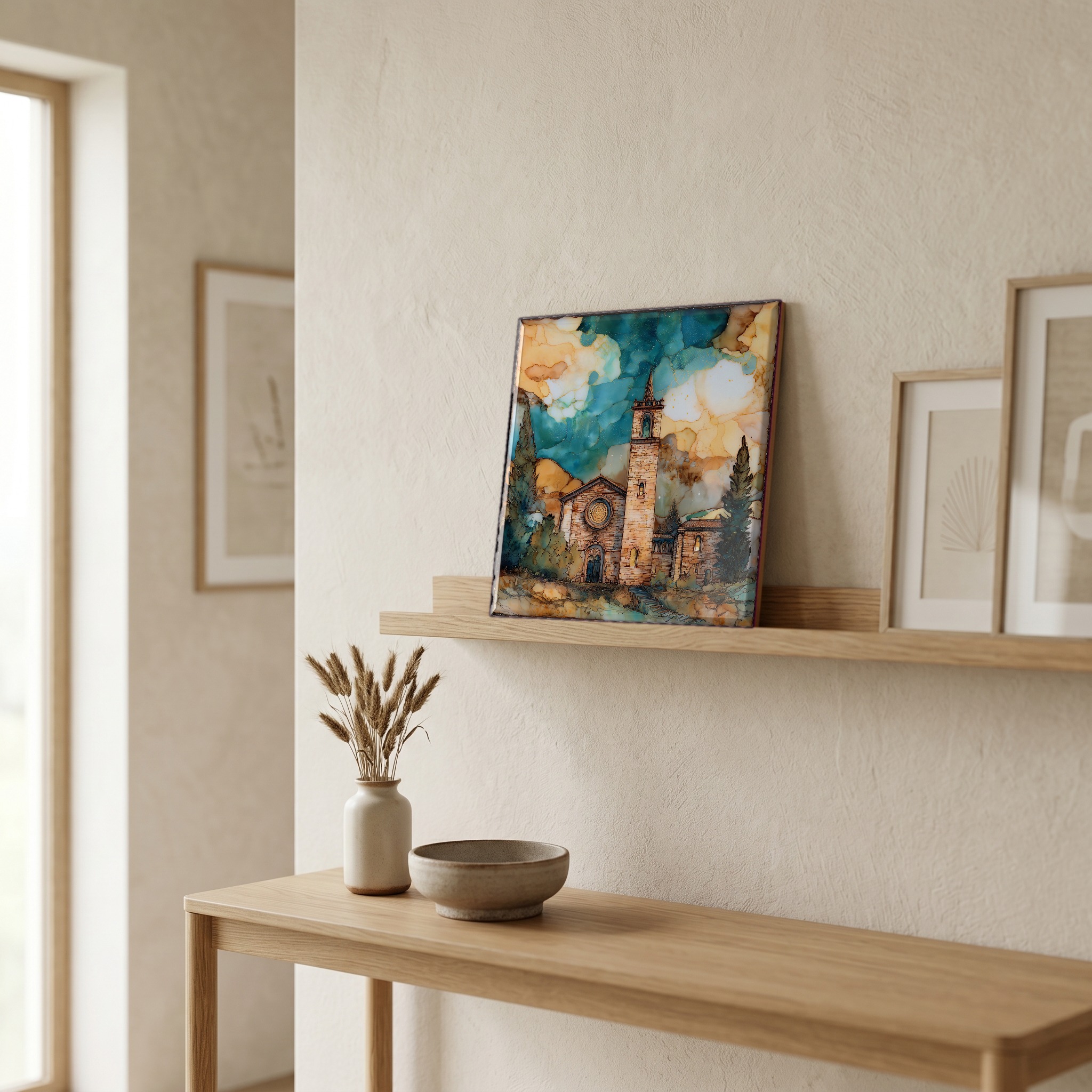 On a picture ledge, where the light comes in.