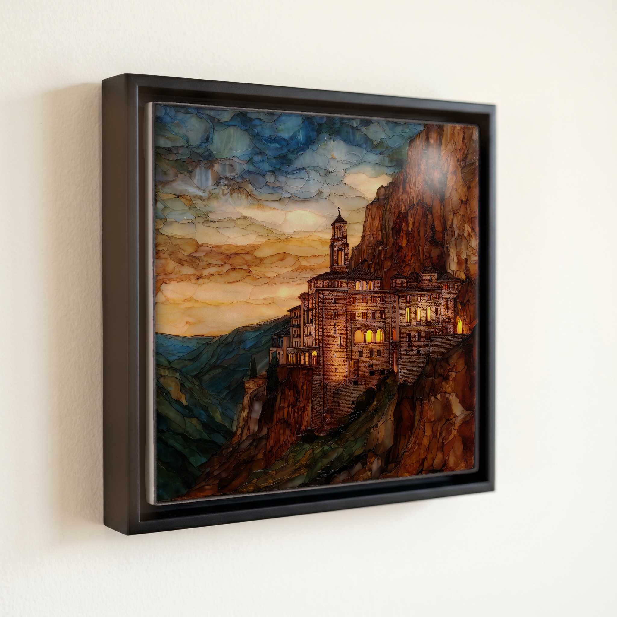 shown in a slim black floating frame · 6 × 6 in