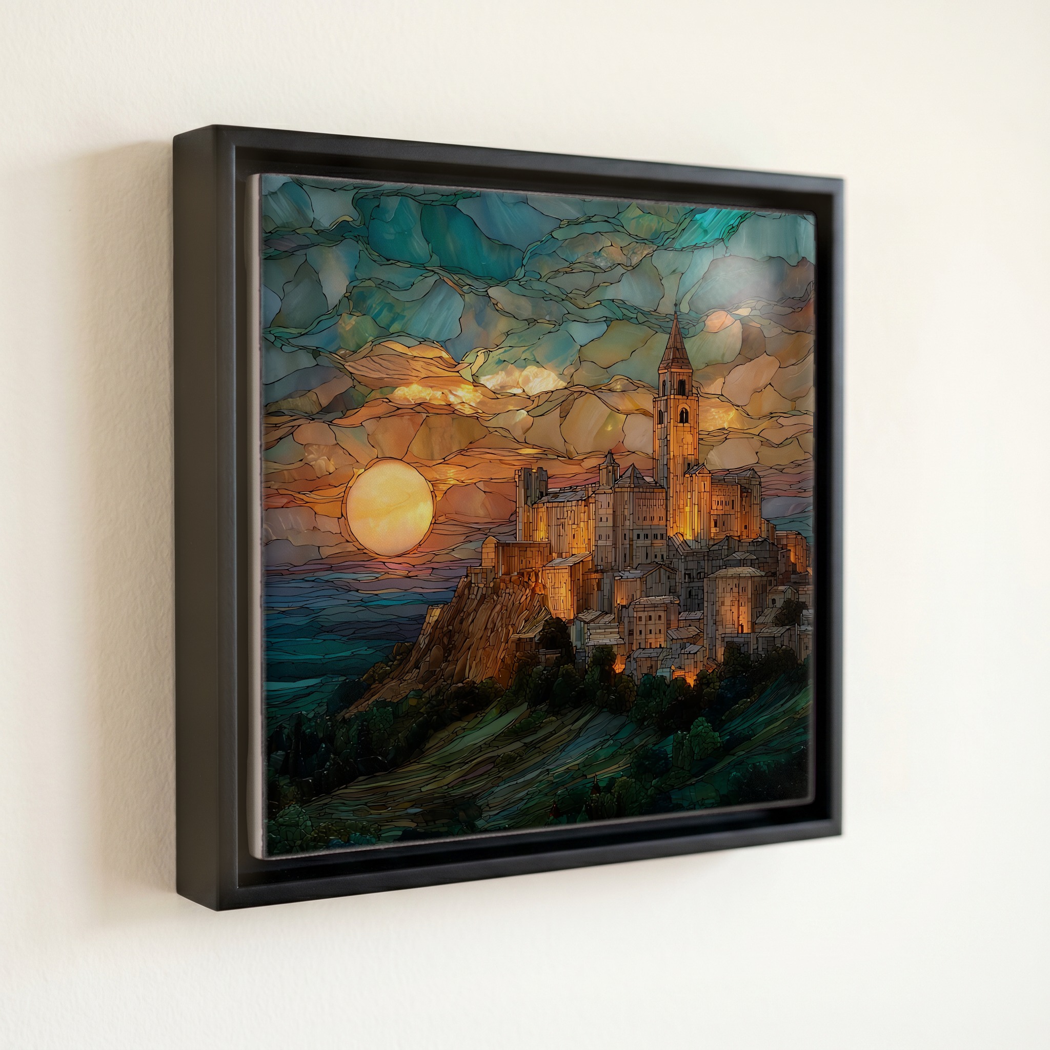 shown in a slim black floating frame · 6 × 6 in