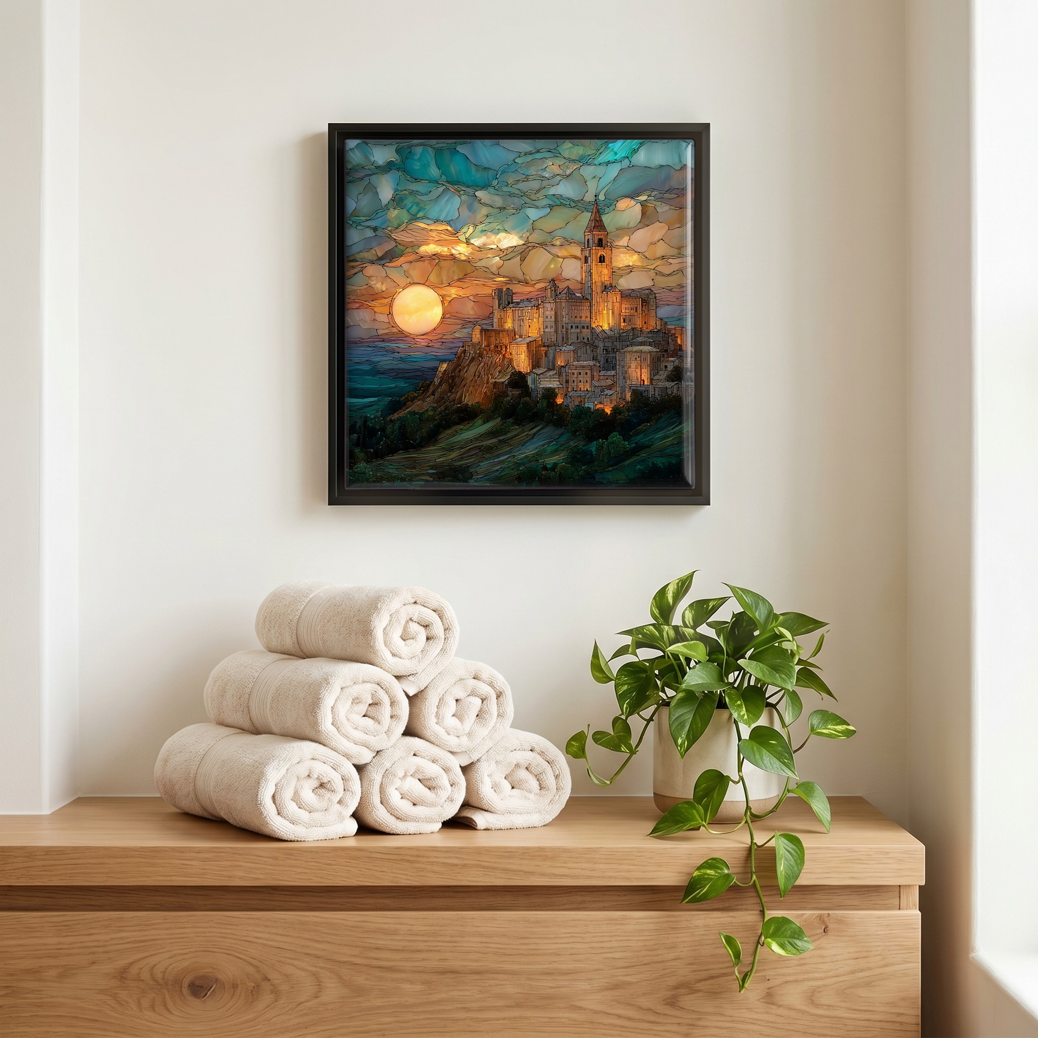 Above the linens, in a slim black surround.