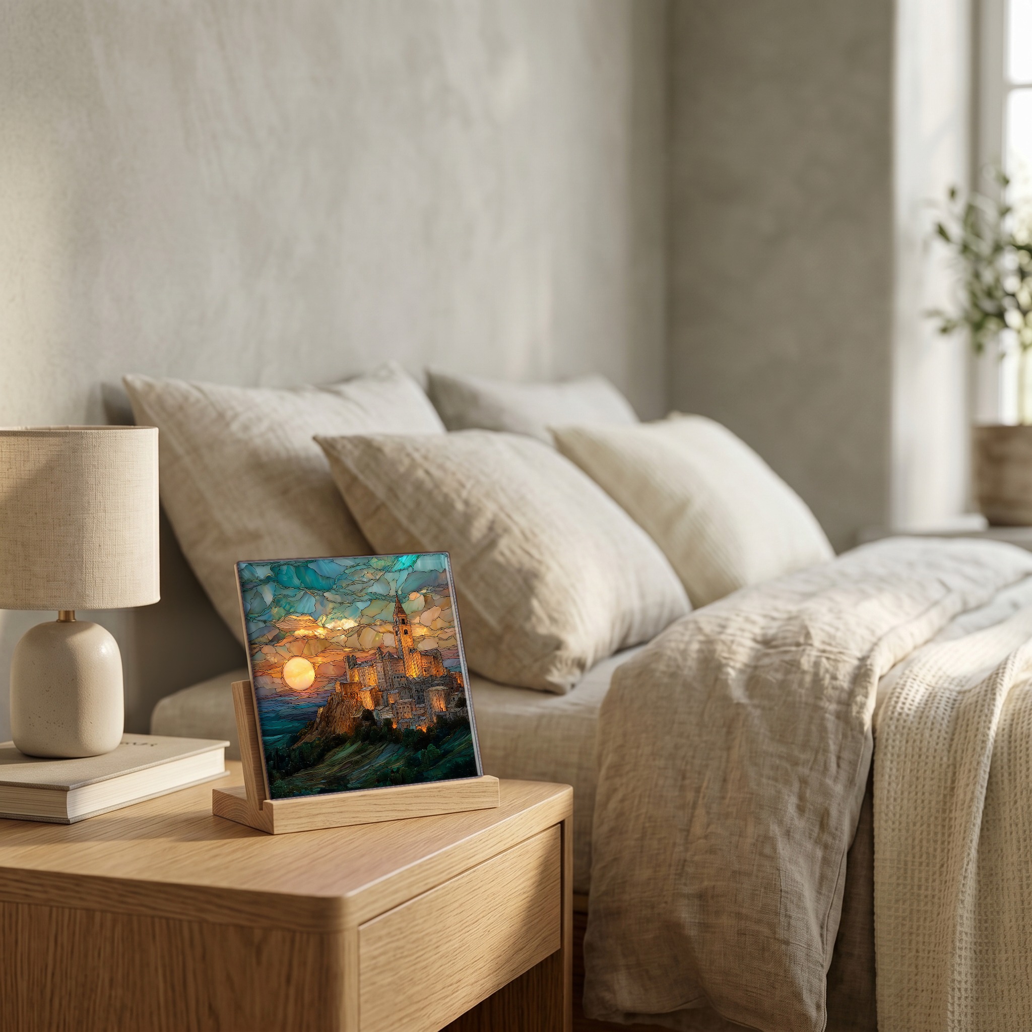On the nightstand, on a light oak stand.