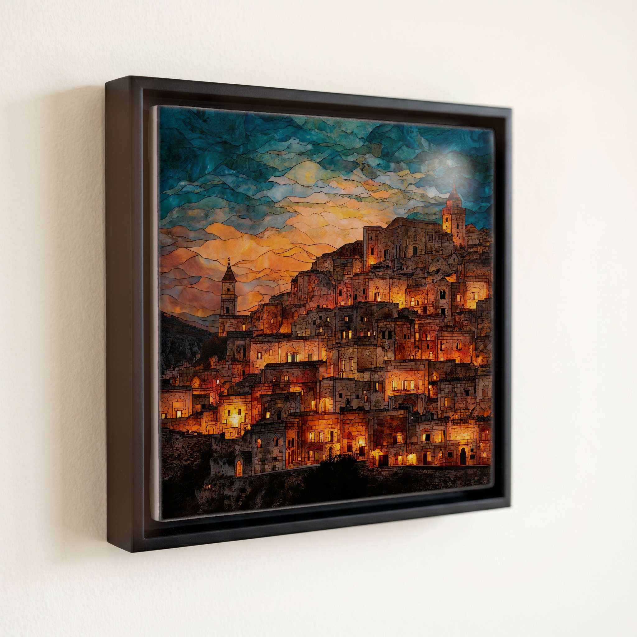 shown in a slim black floating frame · 6 × 6 in