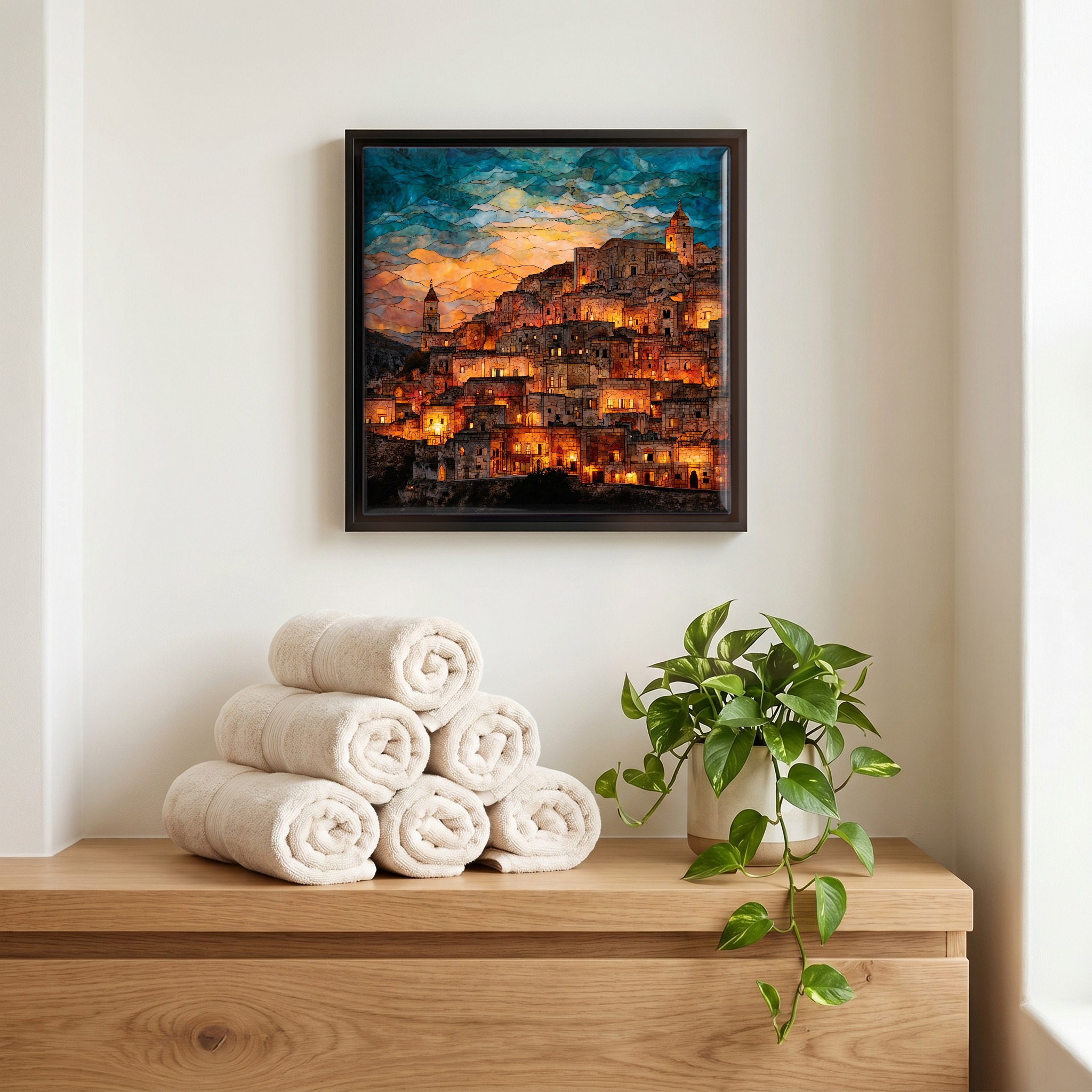 Above the linens, in a slim black surround.