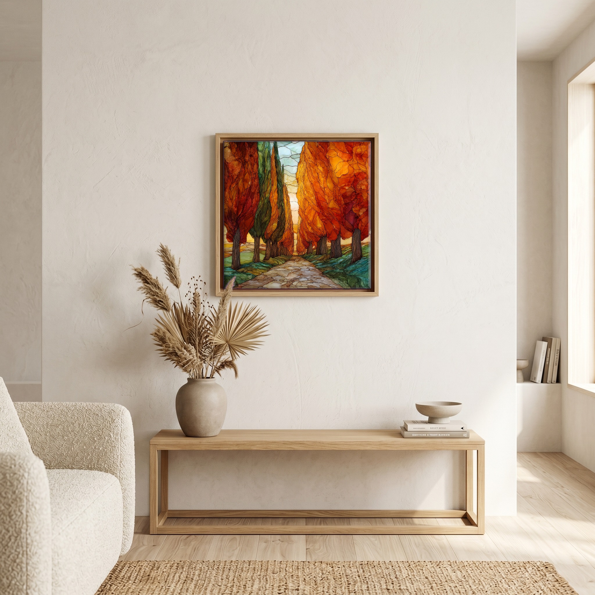 Above the bench, in a warm oak surround.