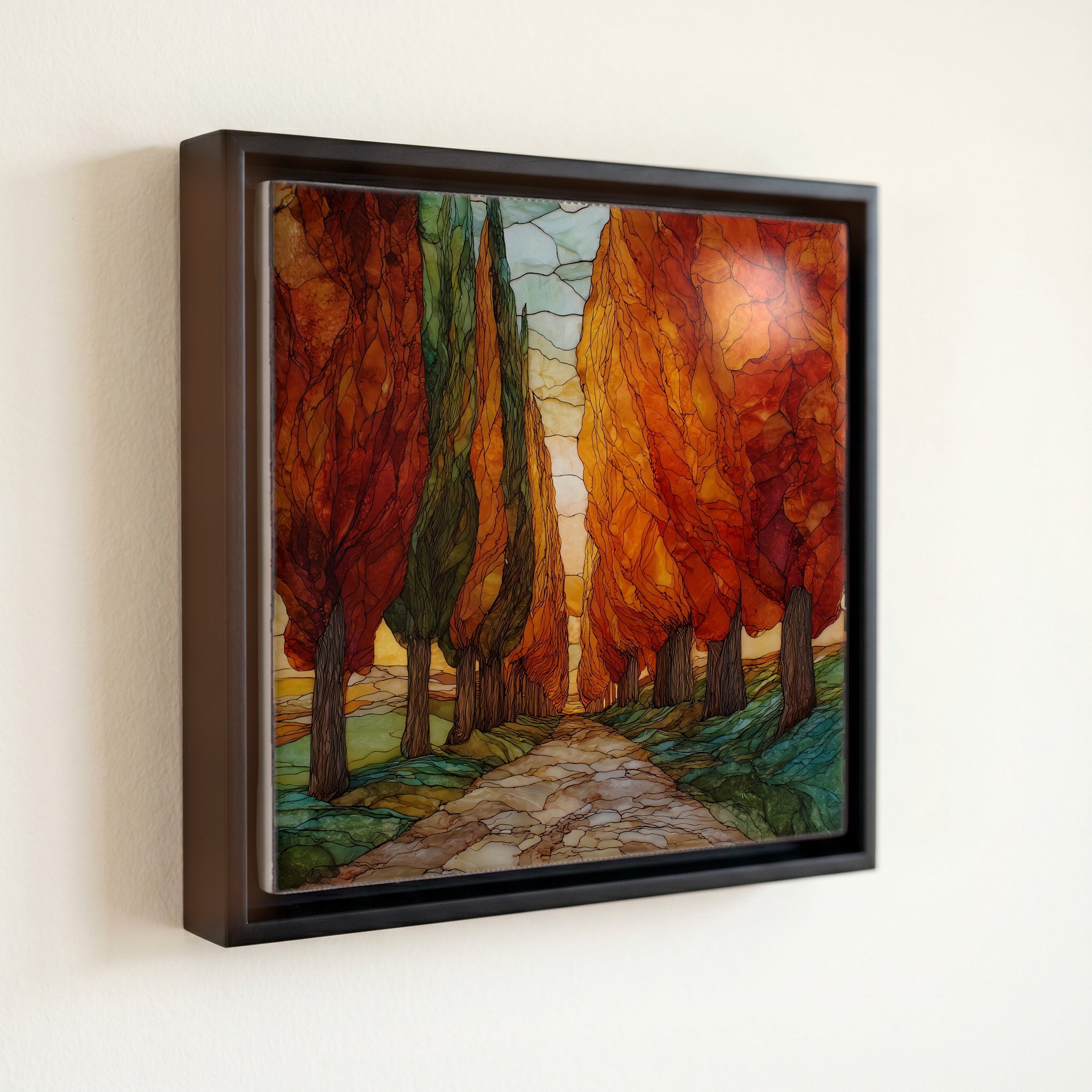shown in a slim black floating frame · 6 × 6 in