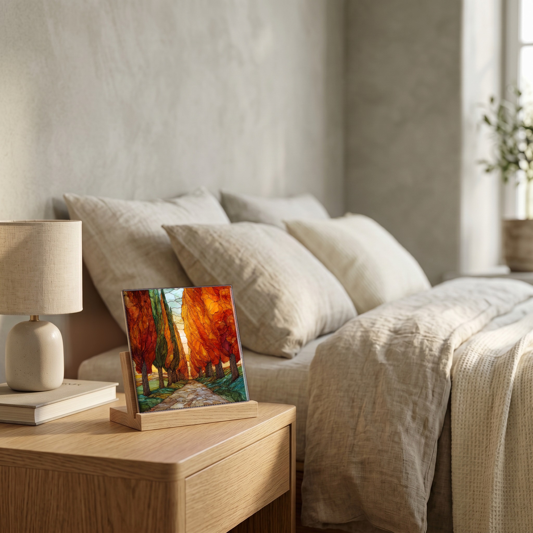On the nightstand, on a light oak stand.