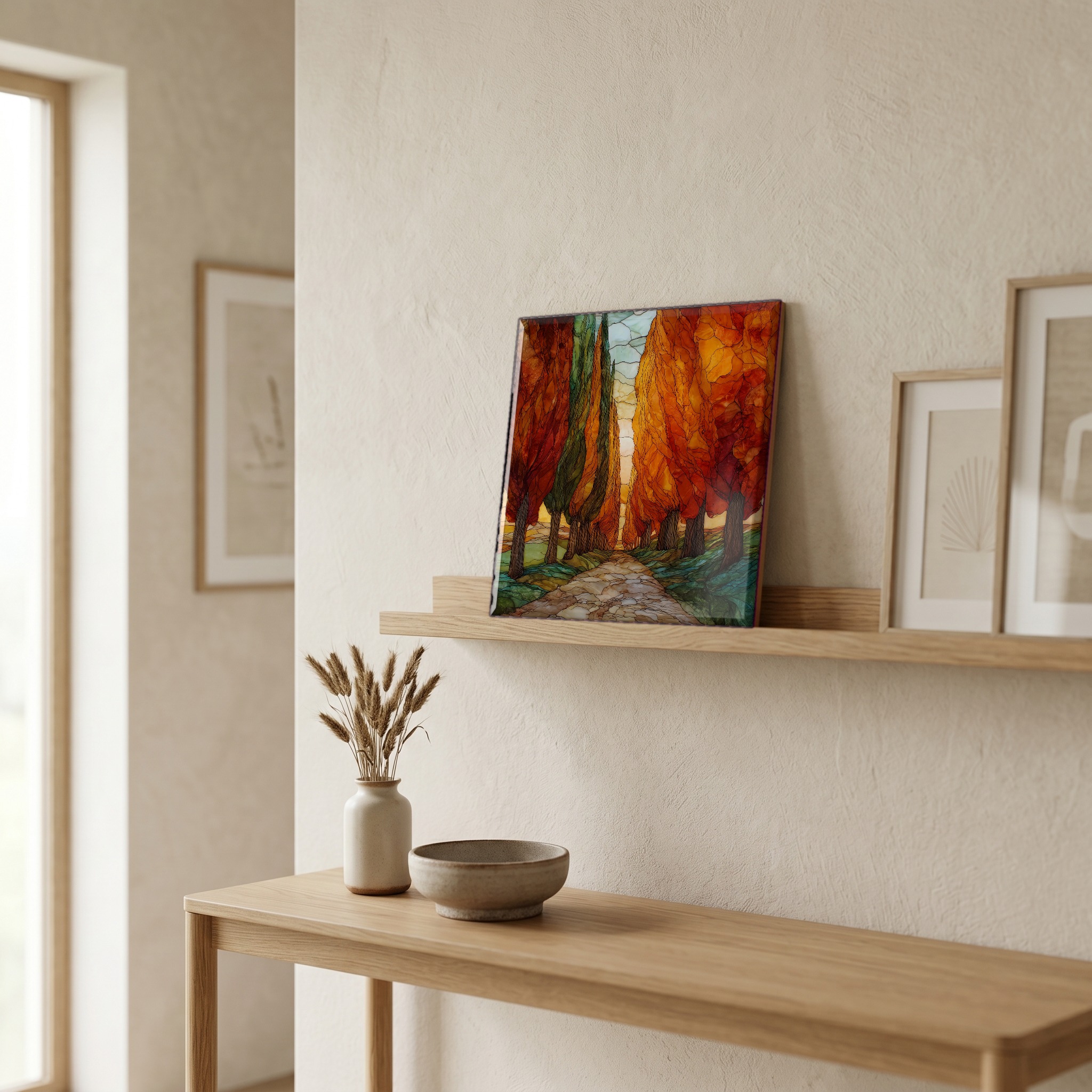 On a picture ledge, where the light comes in.