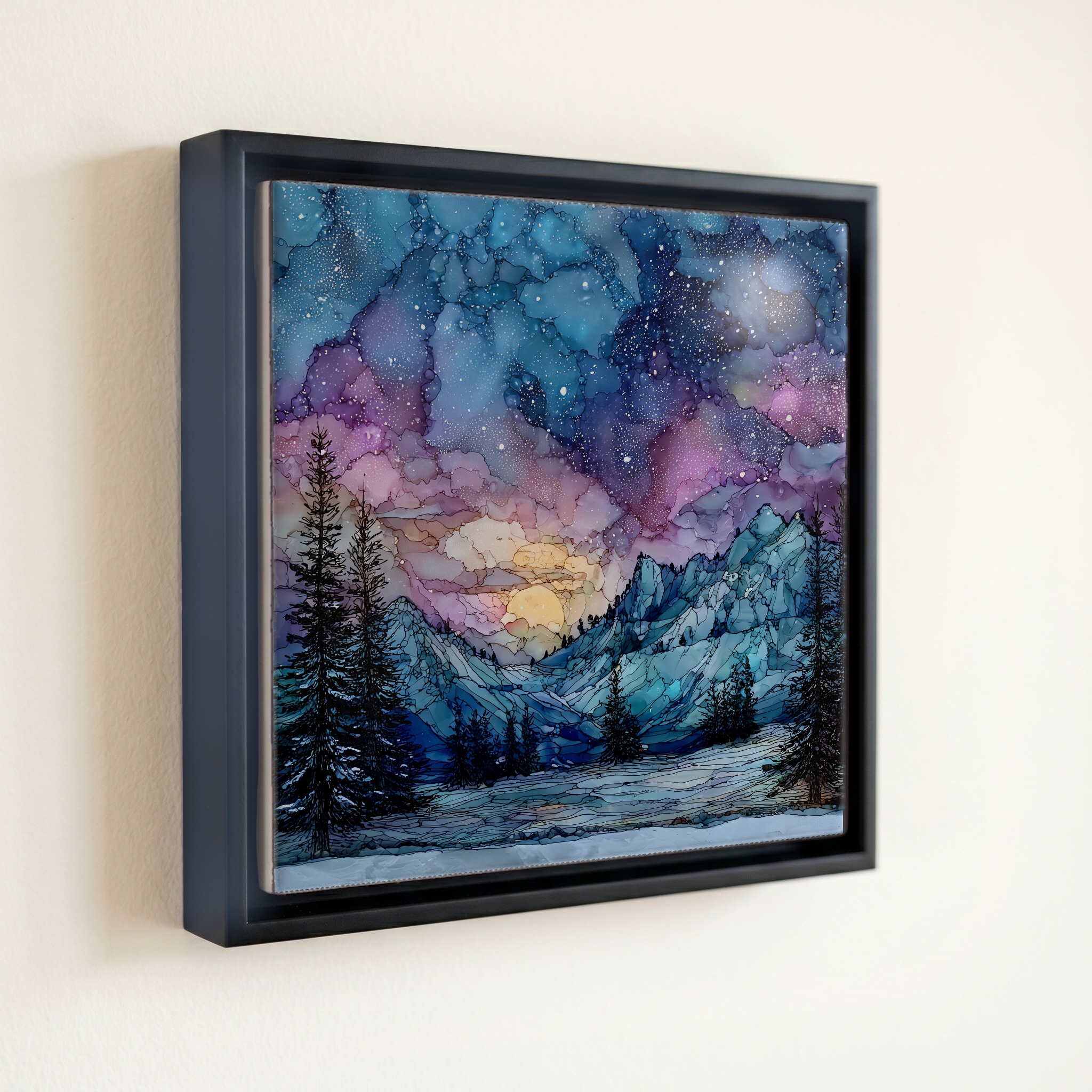 shown in a slim black floating frame · 6 × 6 in