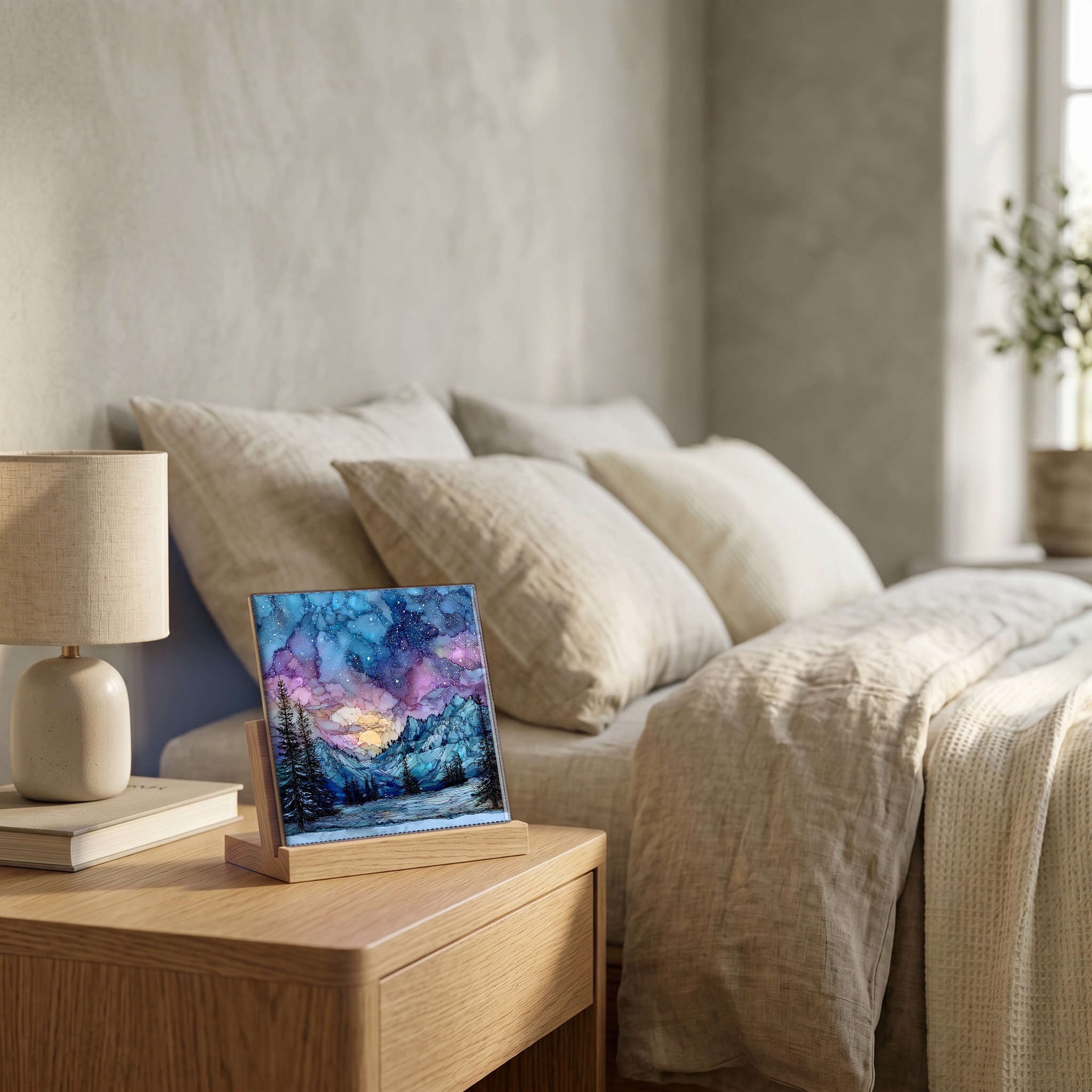 On the nightstand, on a light oak stand.