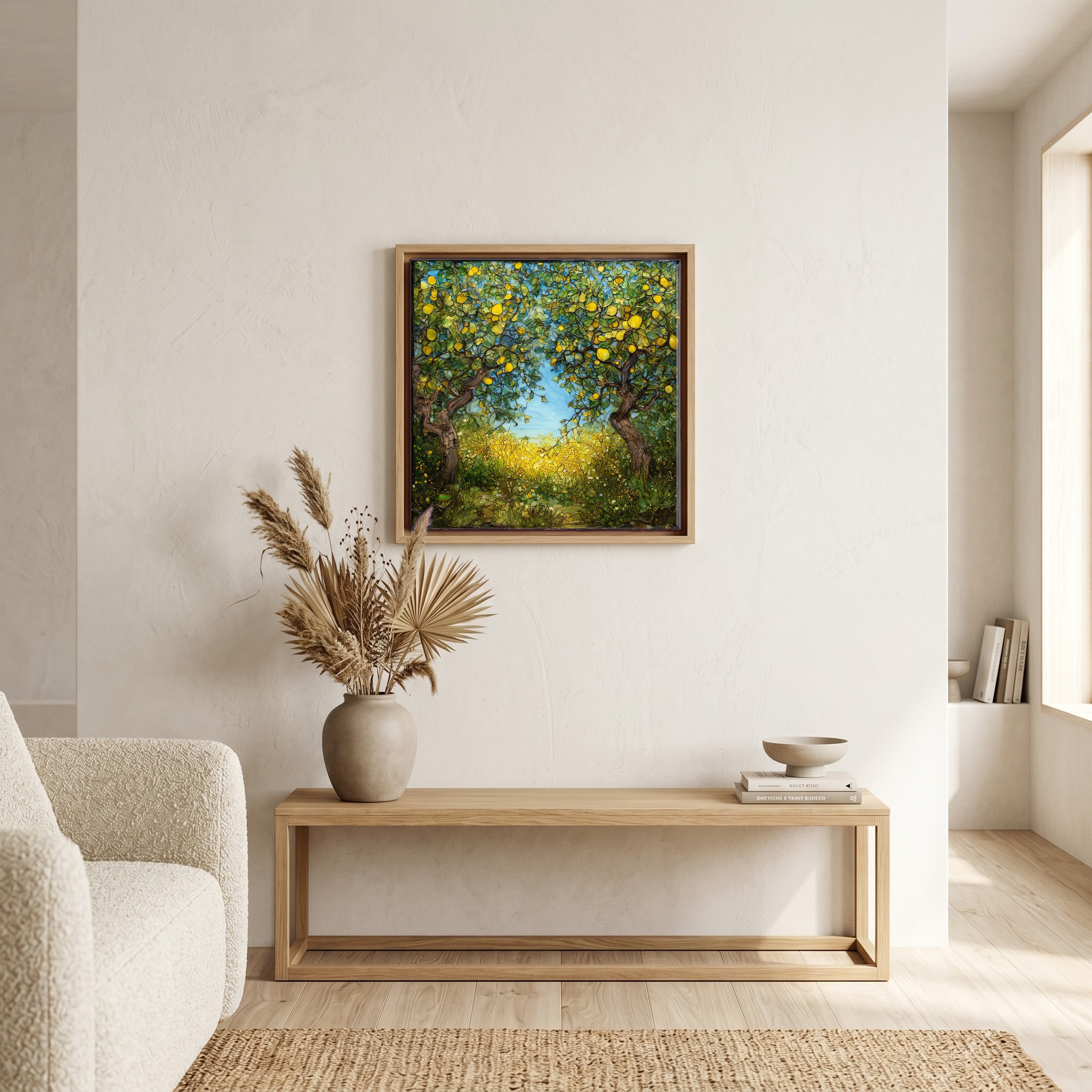 Above the bench, in a warm oak surround.