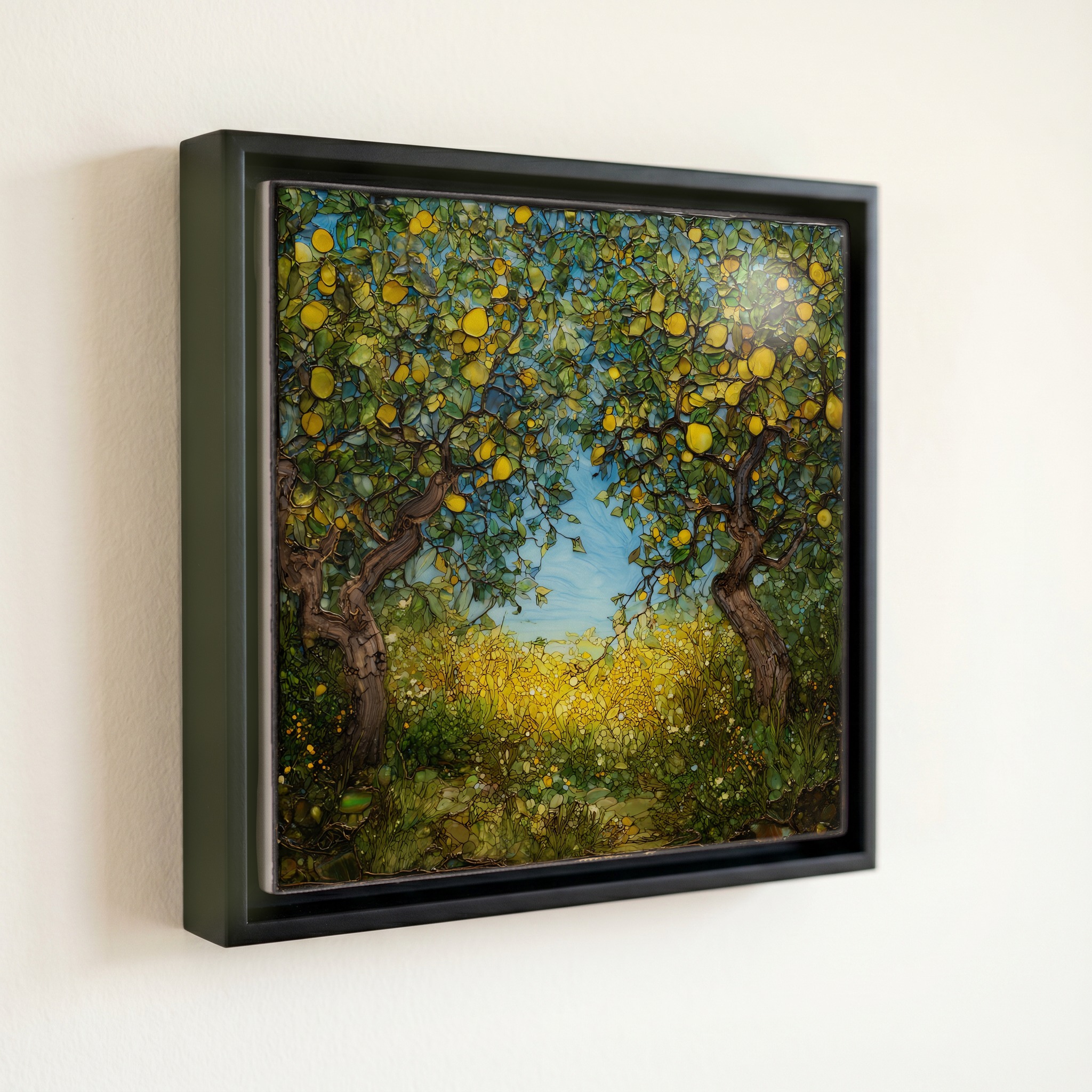 shown in a slim black floating frame · 6 × 6 in