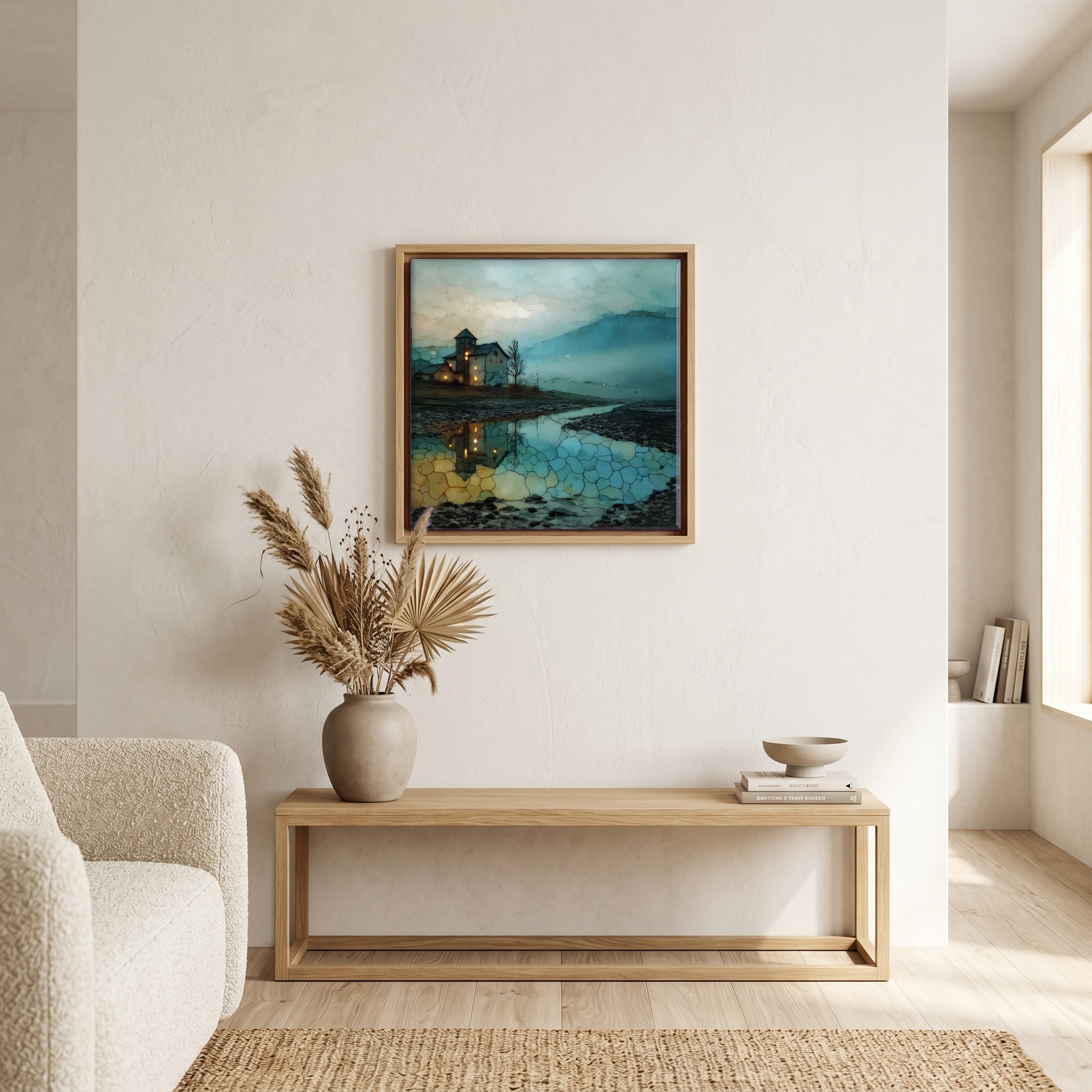 Above the bench, in a warm oak surround.