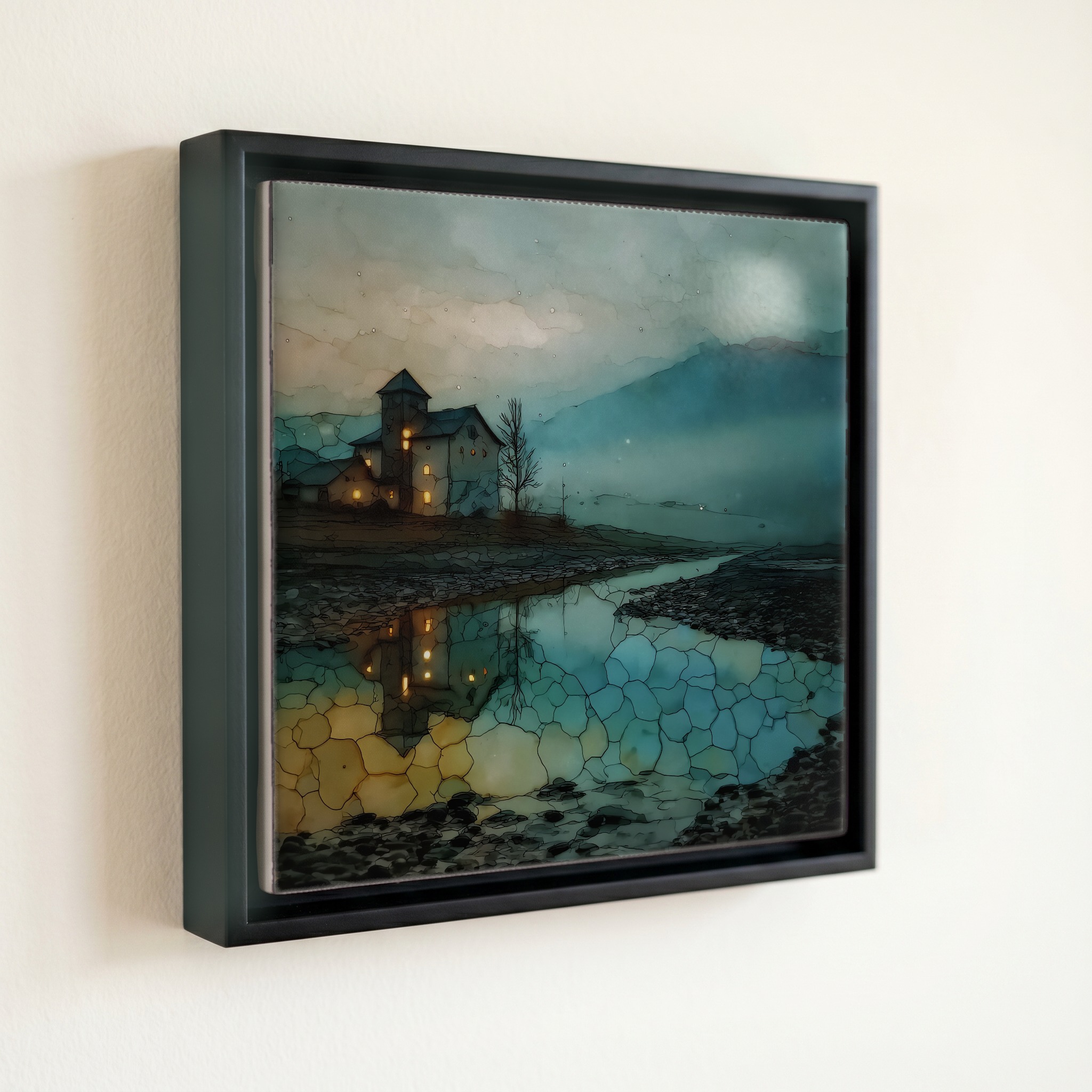 shown in a slim black floating frame · 6 × 6 in