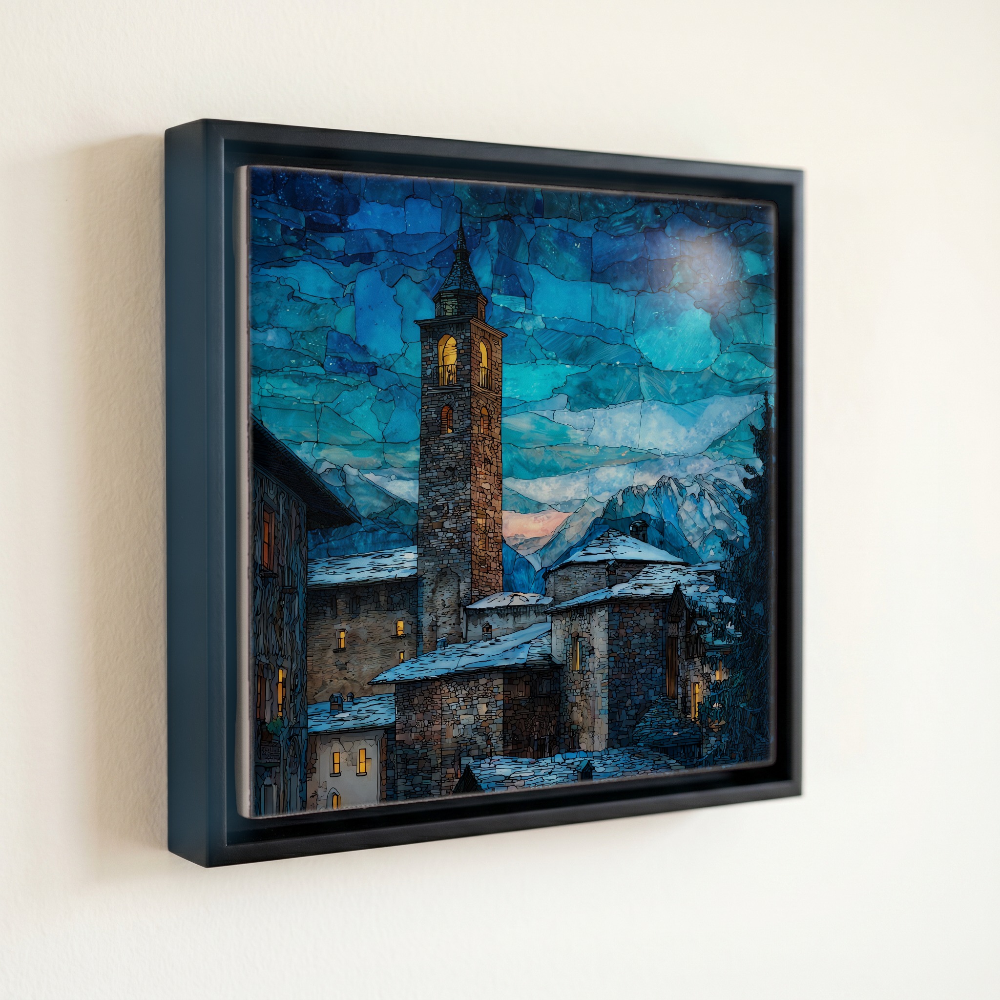 shown in a slim black floating frame · 6 × 6 in