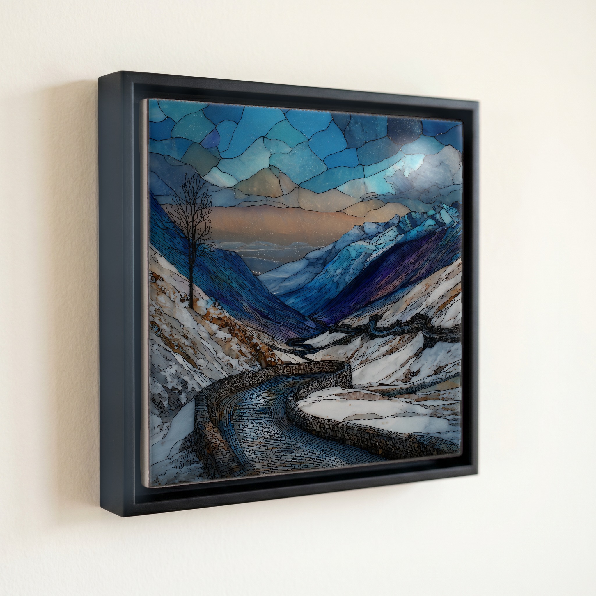 shown in a slim black floating frame · 6 × 6 in