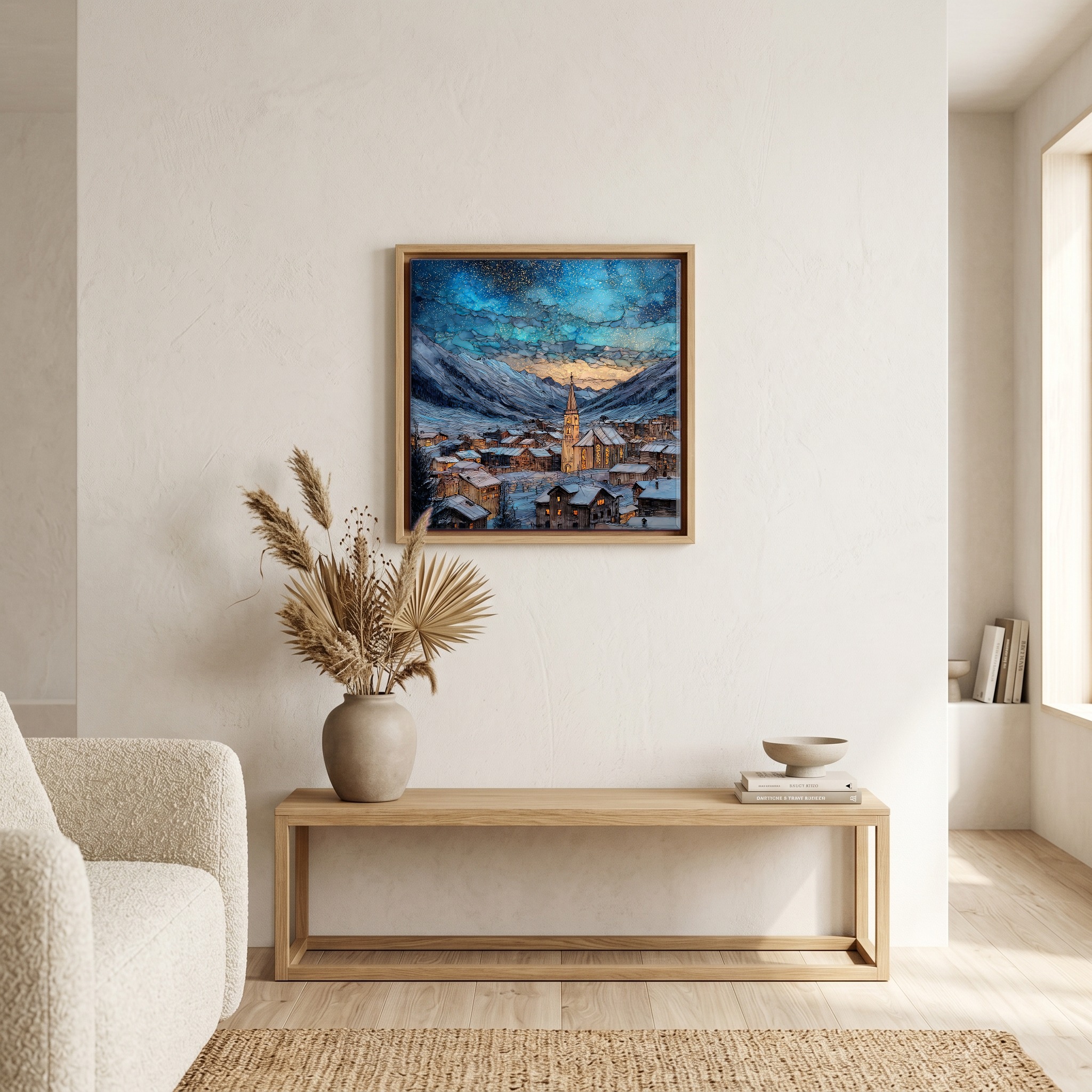 Above the bench, in a warm oak surround.