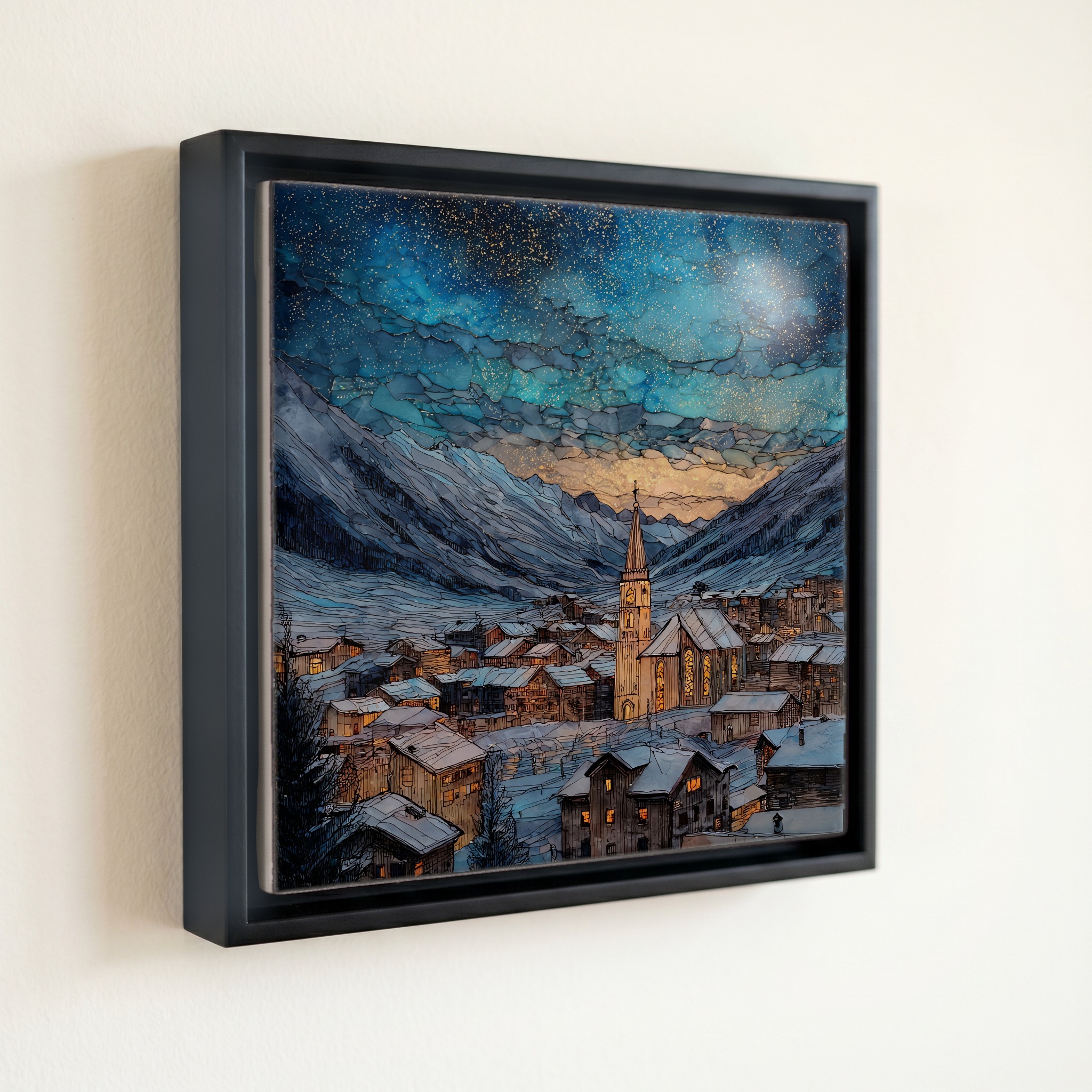 shown in a slim black floating frame · 6 × 6 in