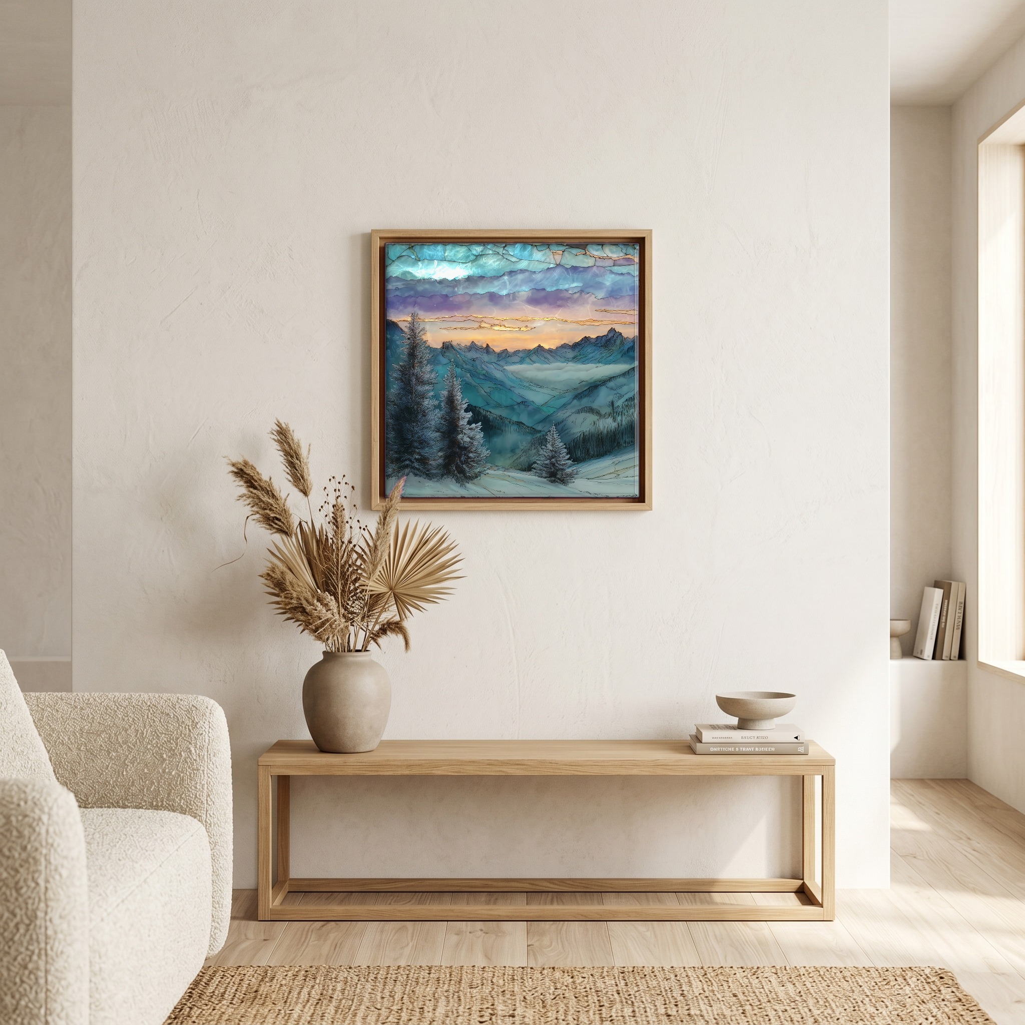 Above the bench, in a warm oak surround.