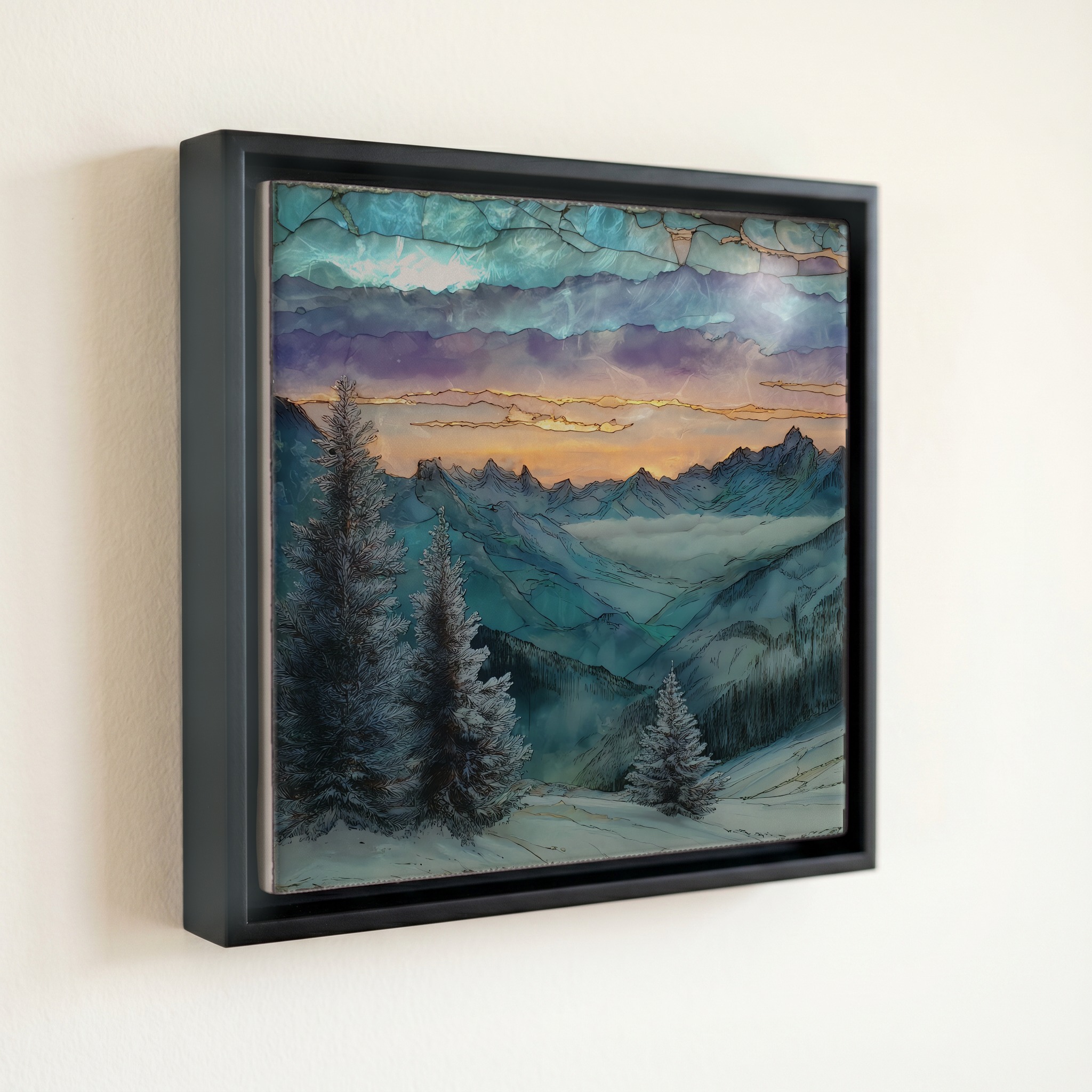 shown in a slim black floating frame · 6 × 6 in