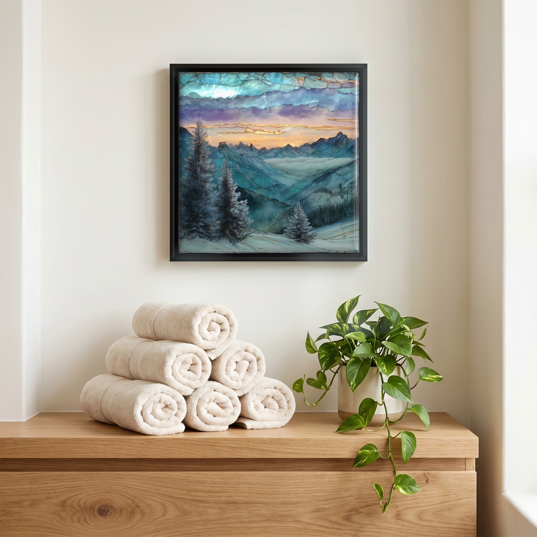 Above the linens, in a slim black surround.