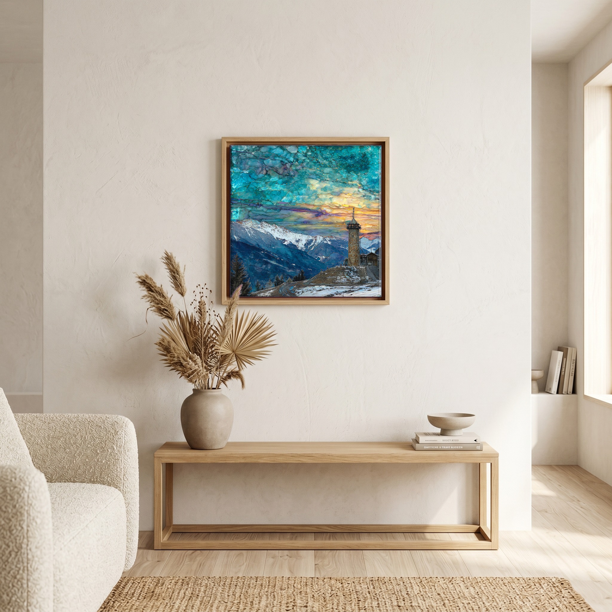 Above the bench, in a warm oak surround.