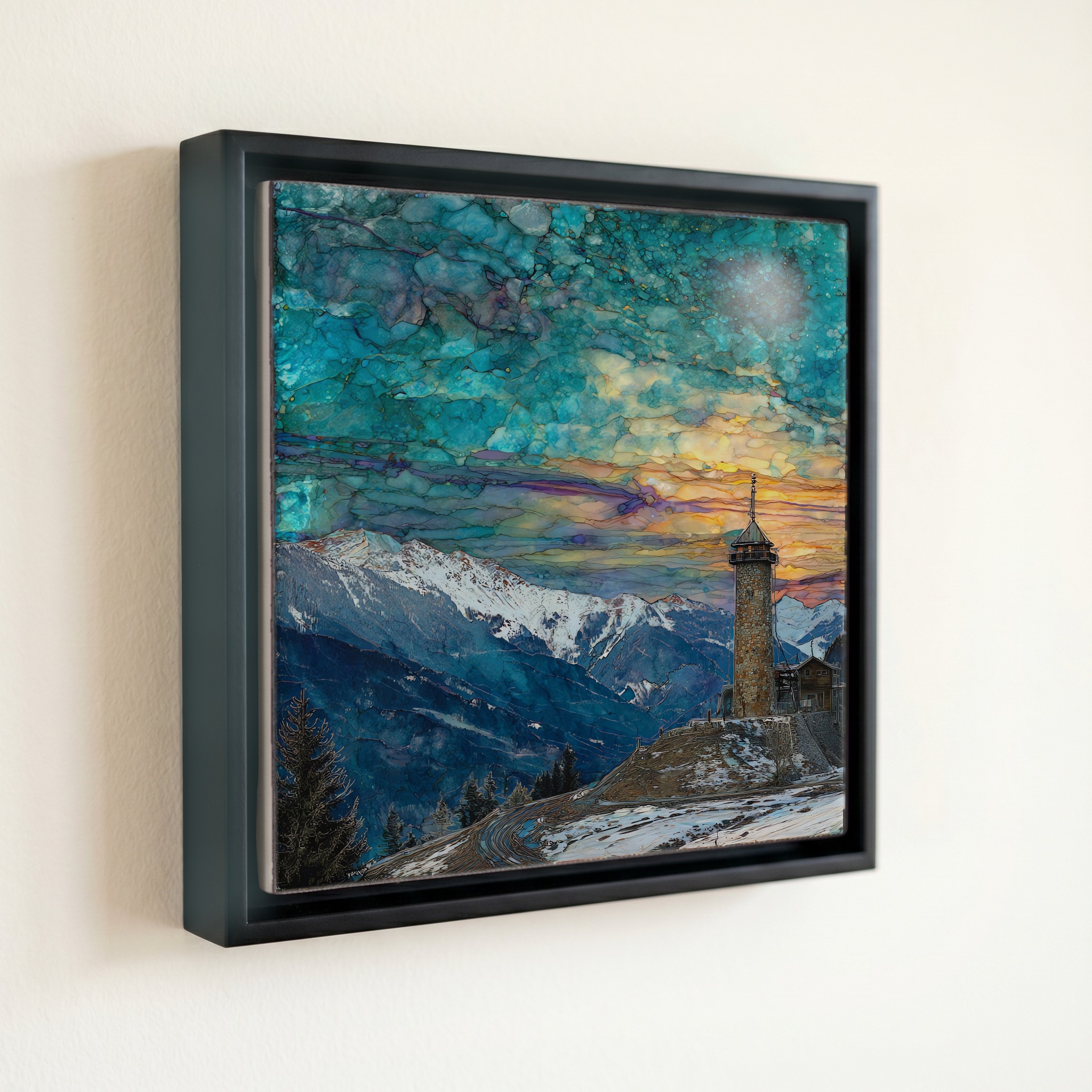 shown in a slim black floating frame · 6 × 6 in