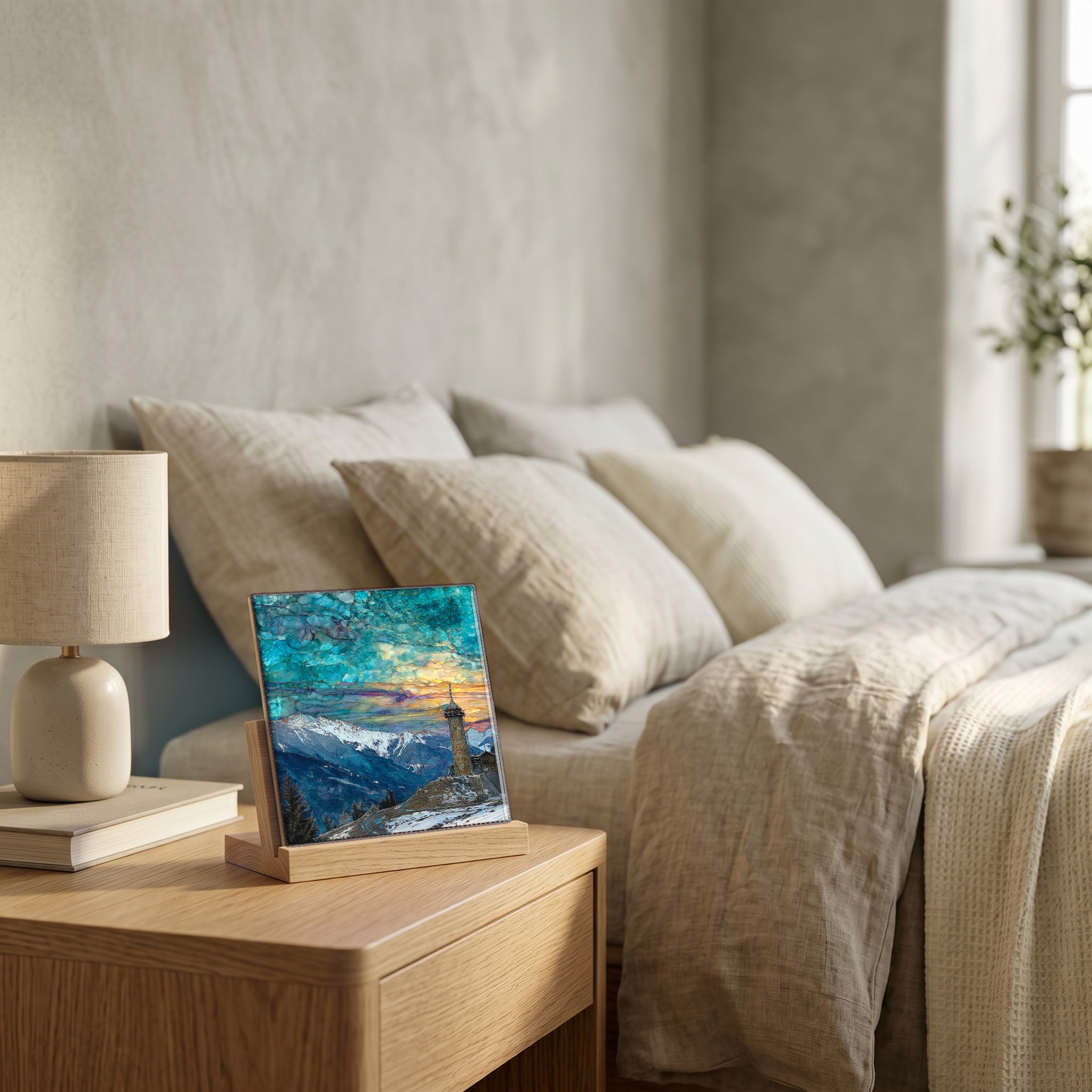 On the nightstand, on a light oak stand.