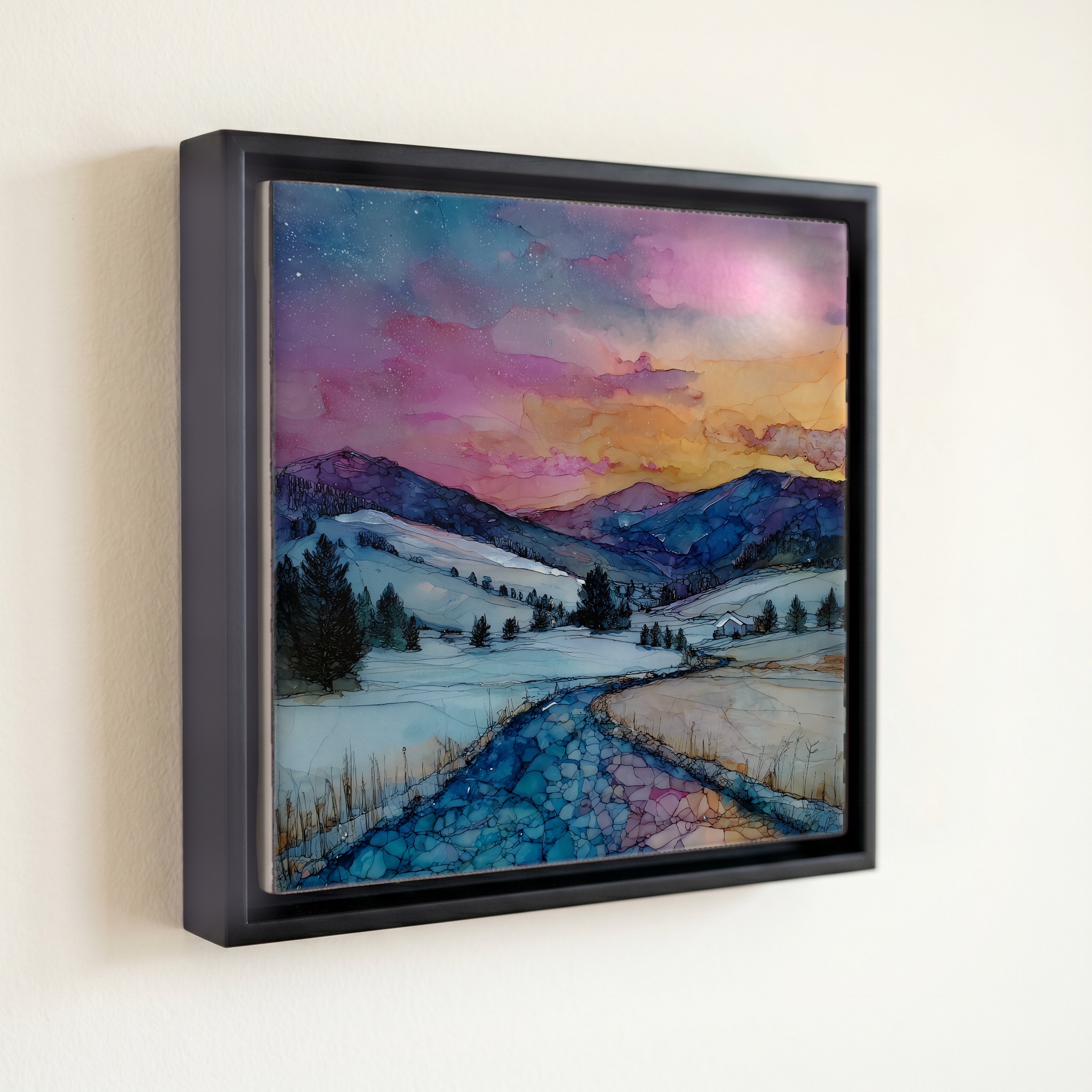 shown in a slim black floating frame · 6 × 6 in
