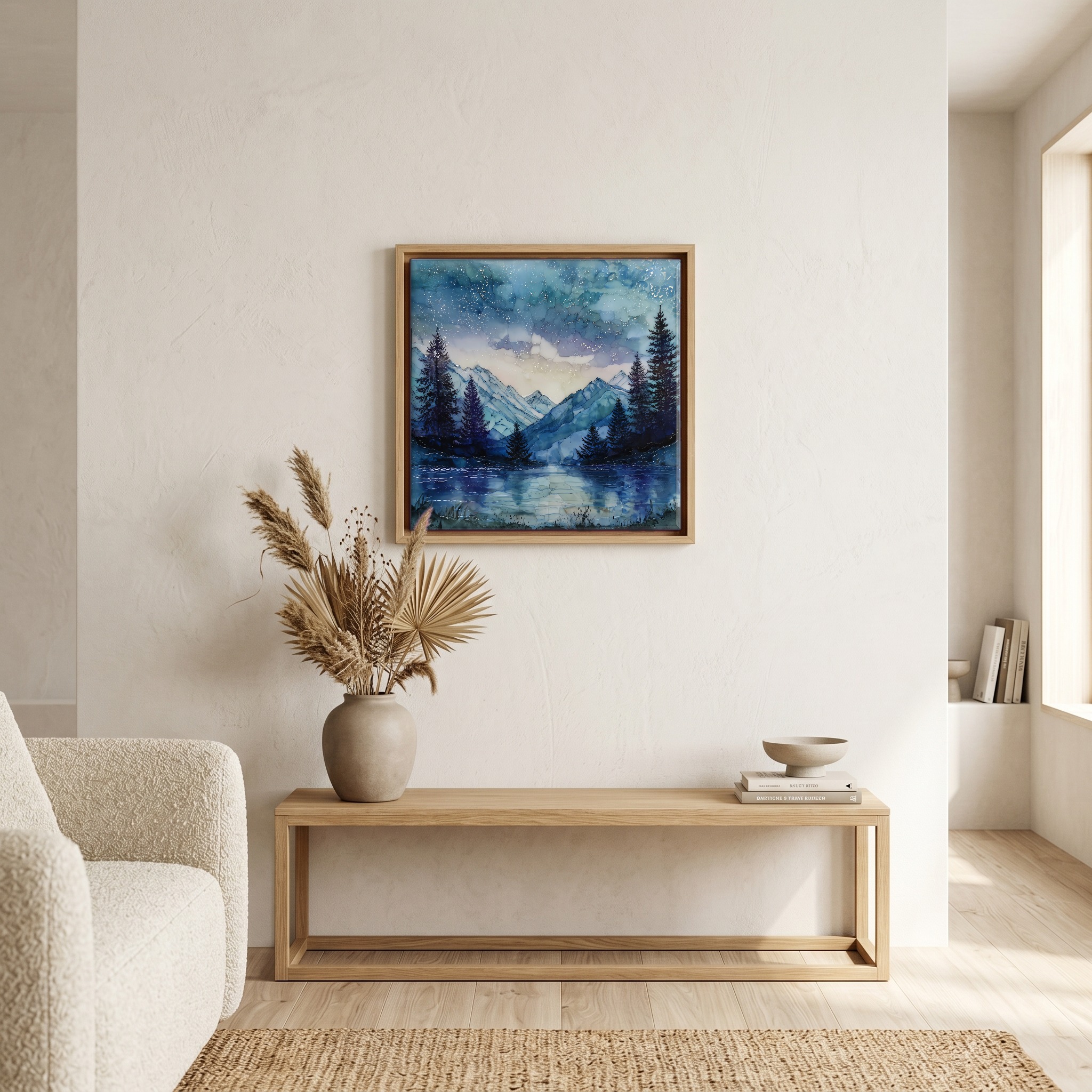 Above the bench, in a warm oak surround.