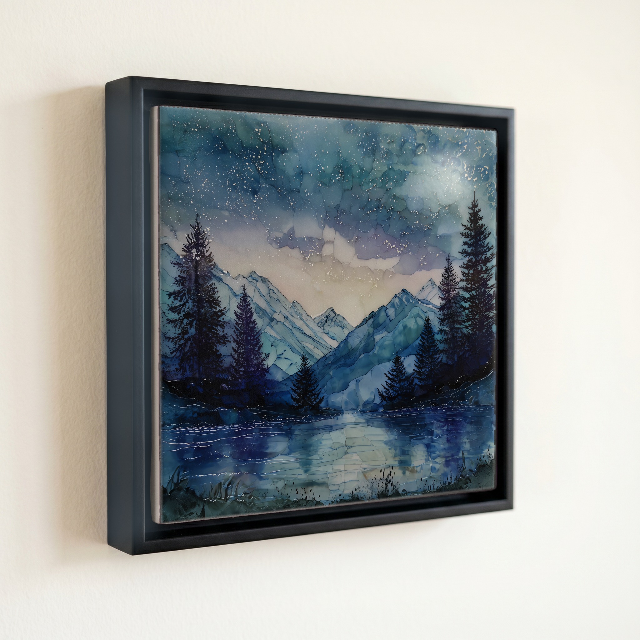 shown in a slim black floating frame · 6 × 6 in