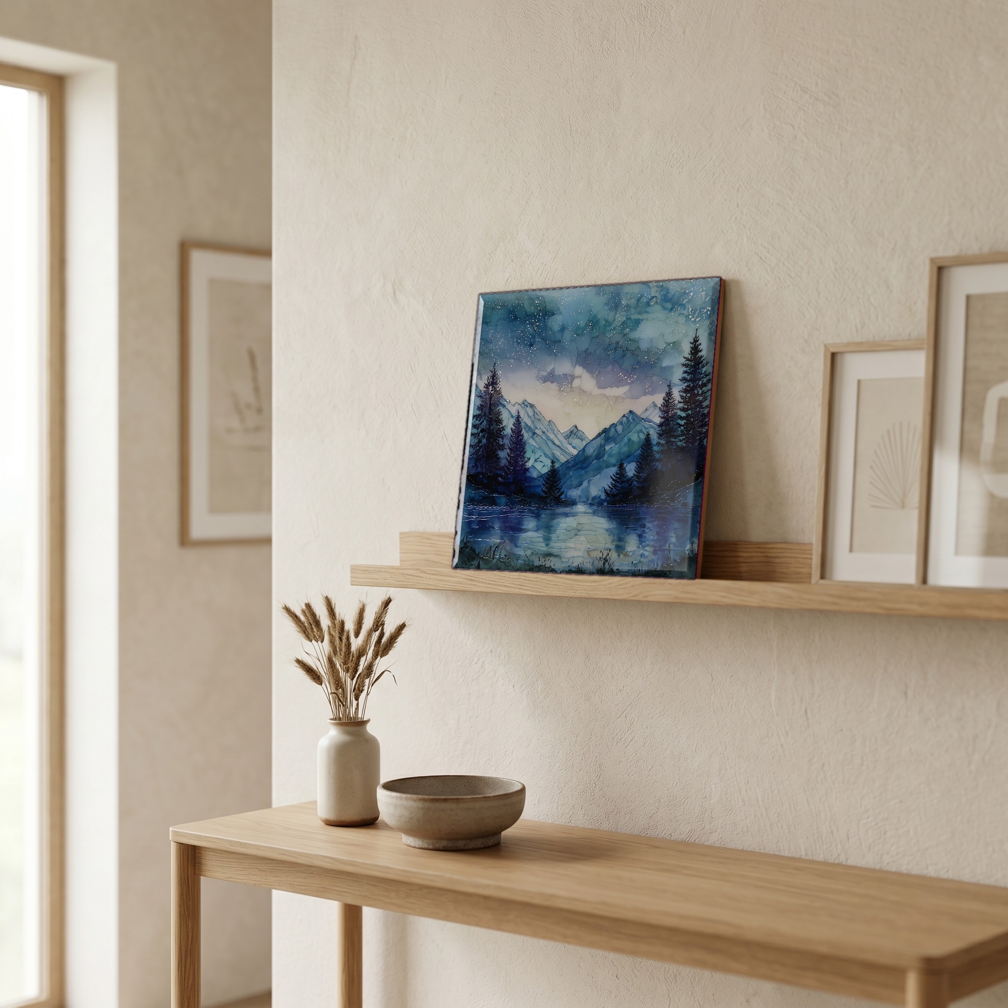 On a picture ledge, where the light comes in.