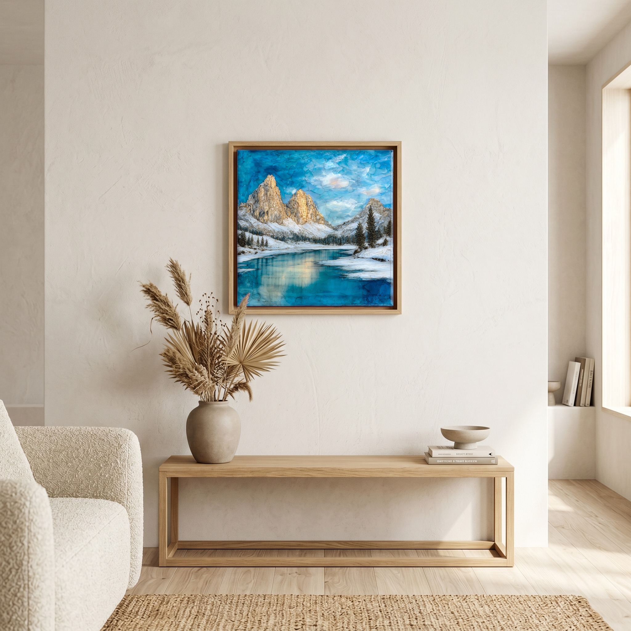 Above the bench, in a warm oak surround.