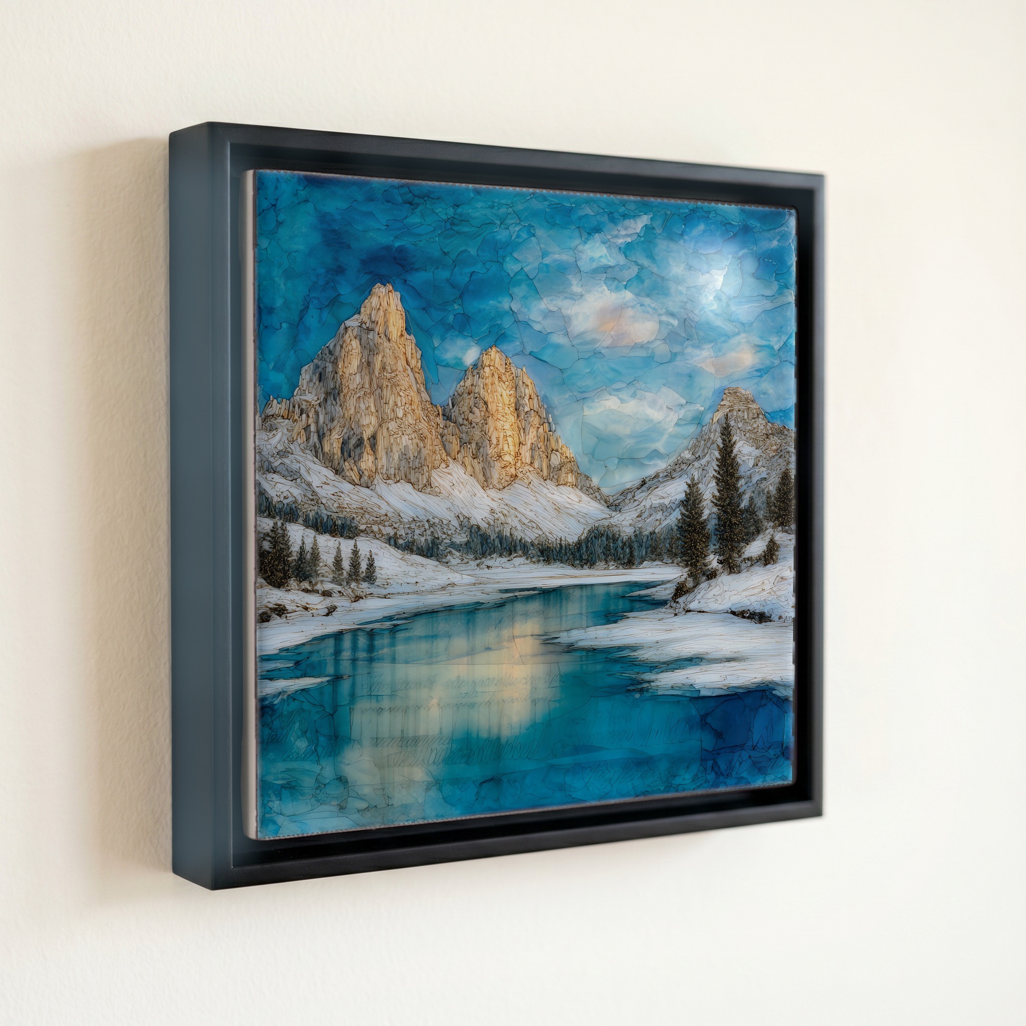 shown in a slim black floating frame · 6 × 6 in