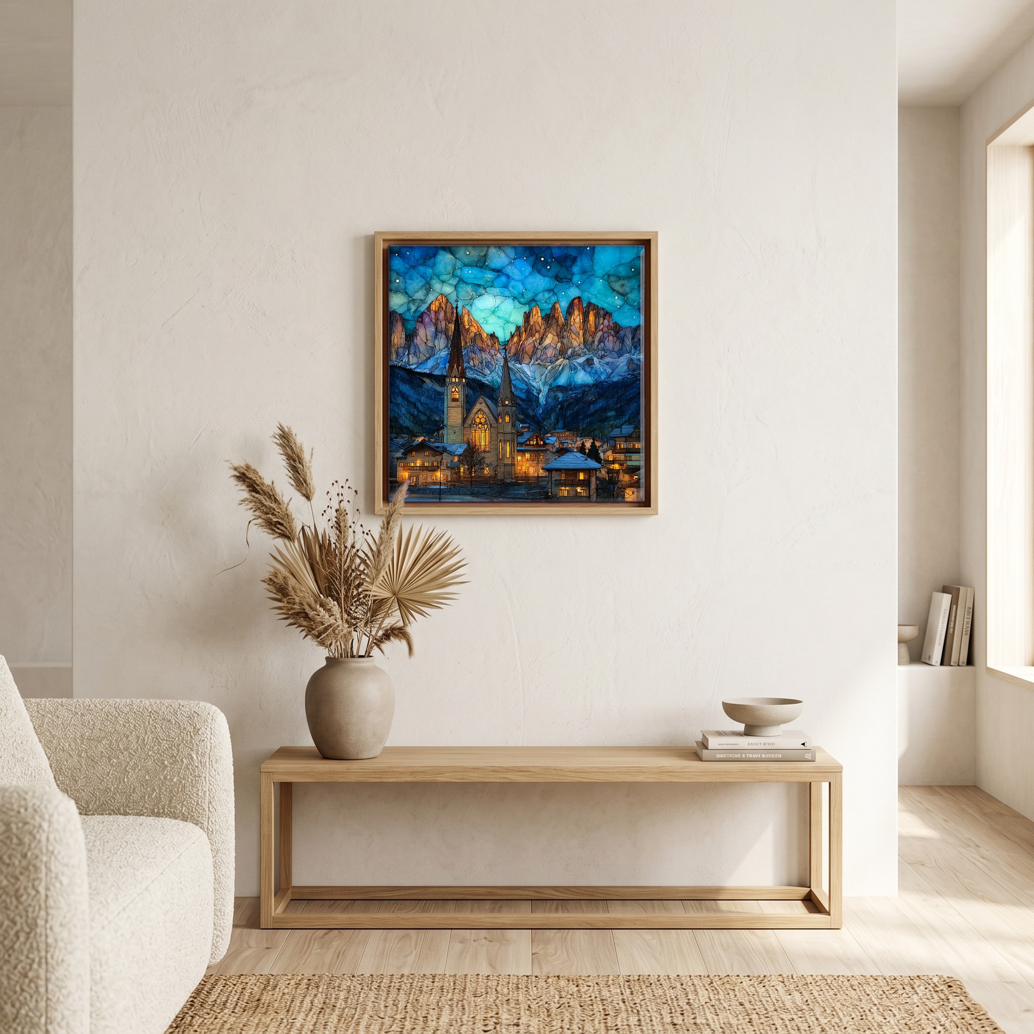 Above the bench, in a warm oak surround.