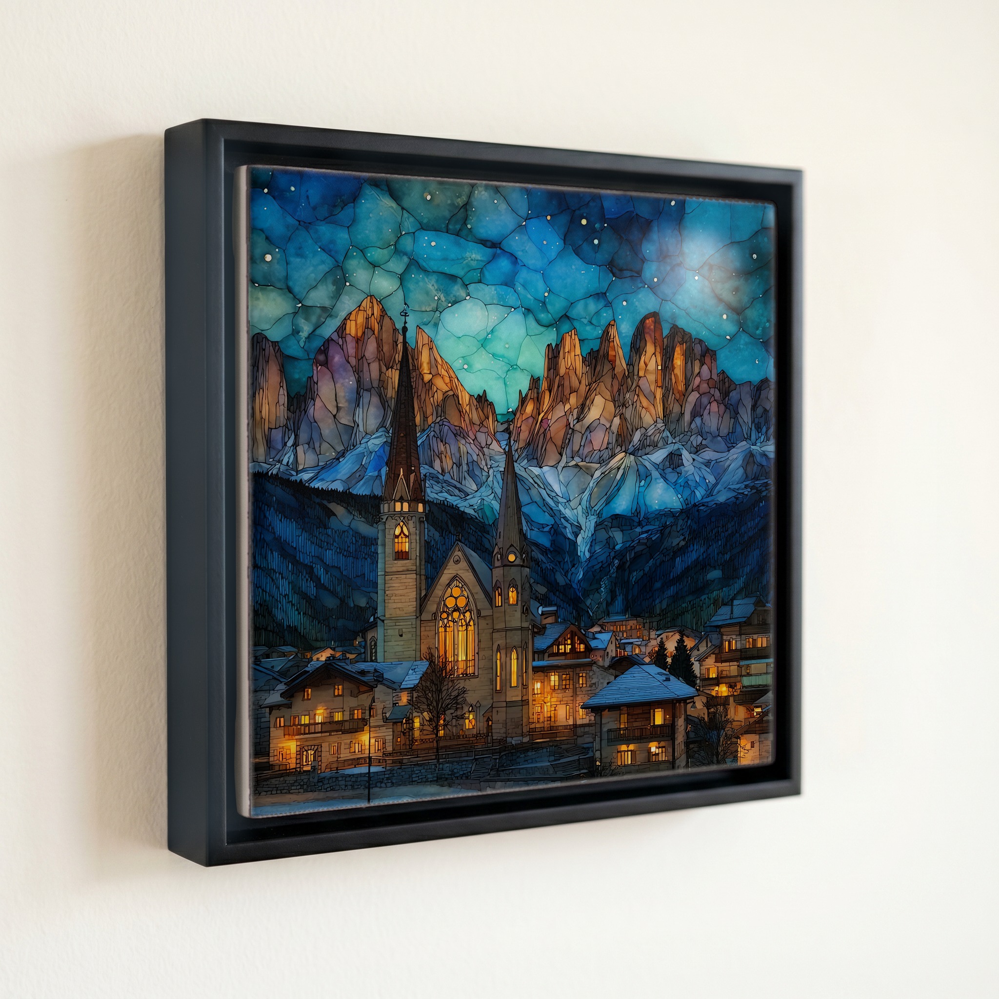 shown in a slim black floating frame · 6 × 6 in