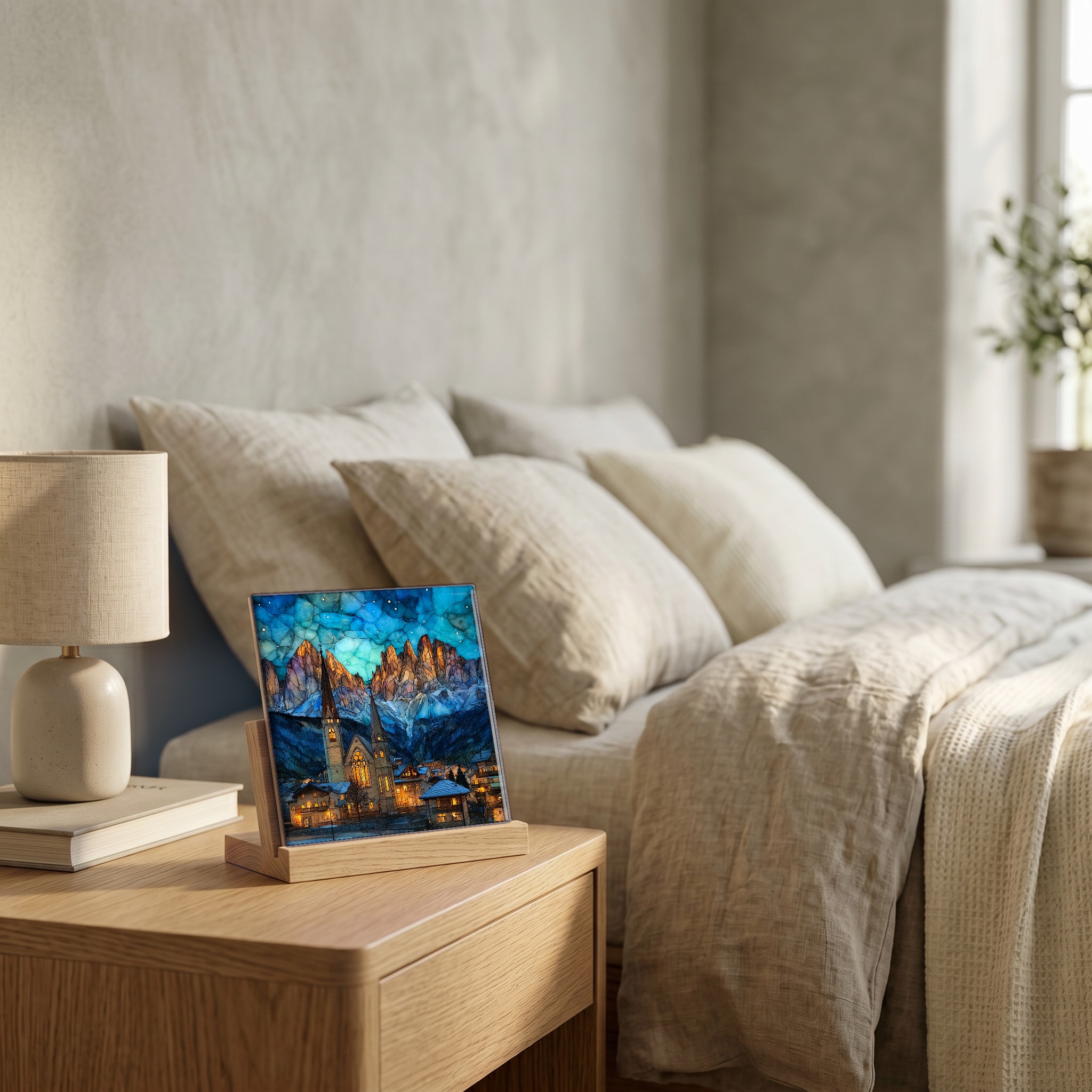 On the nightstand, on a light oak stand.